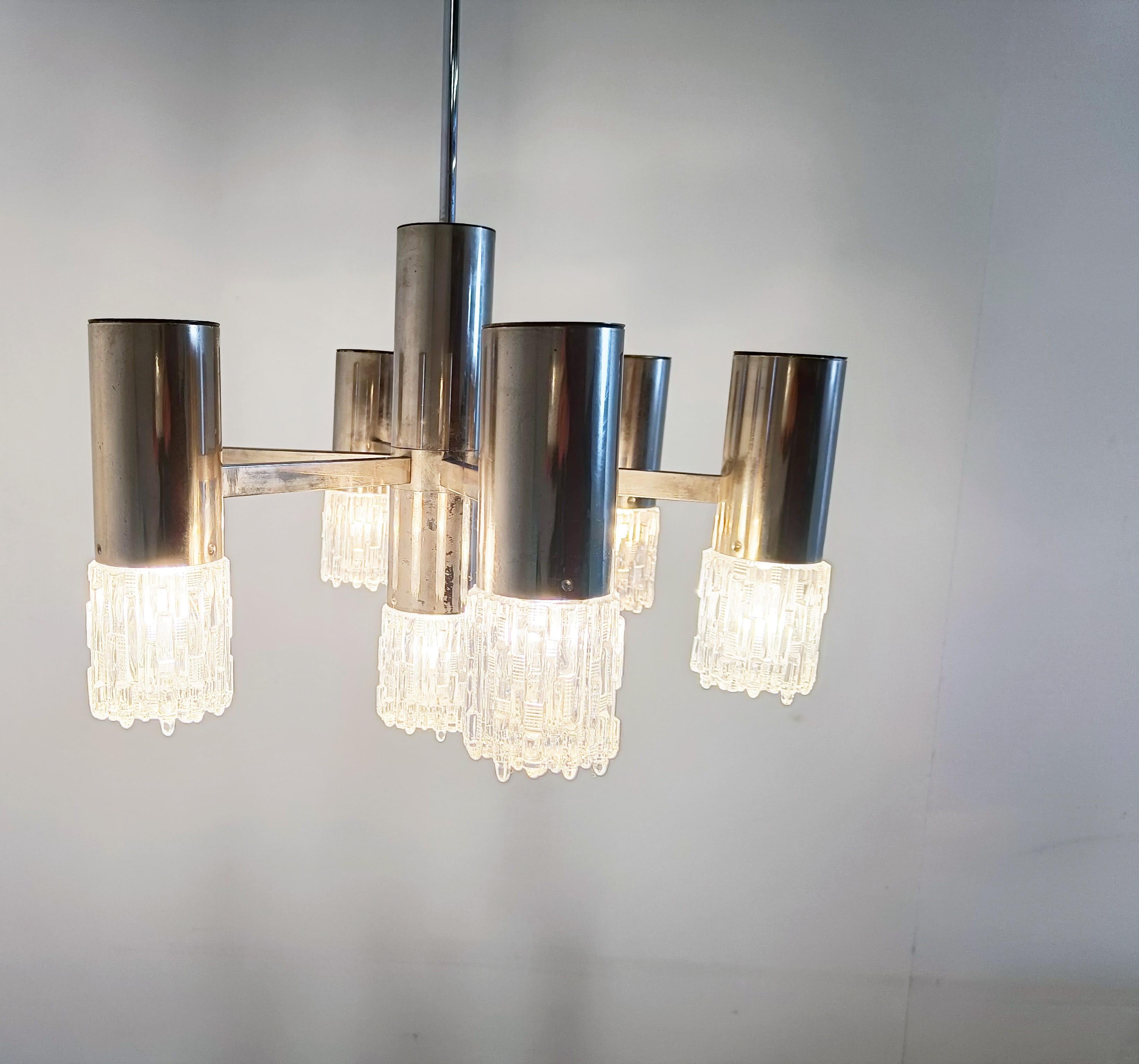 Metal Chrome and Glass Chandelier Attributed to Sciolari, 1970s For Sale