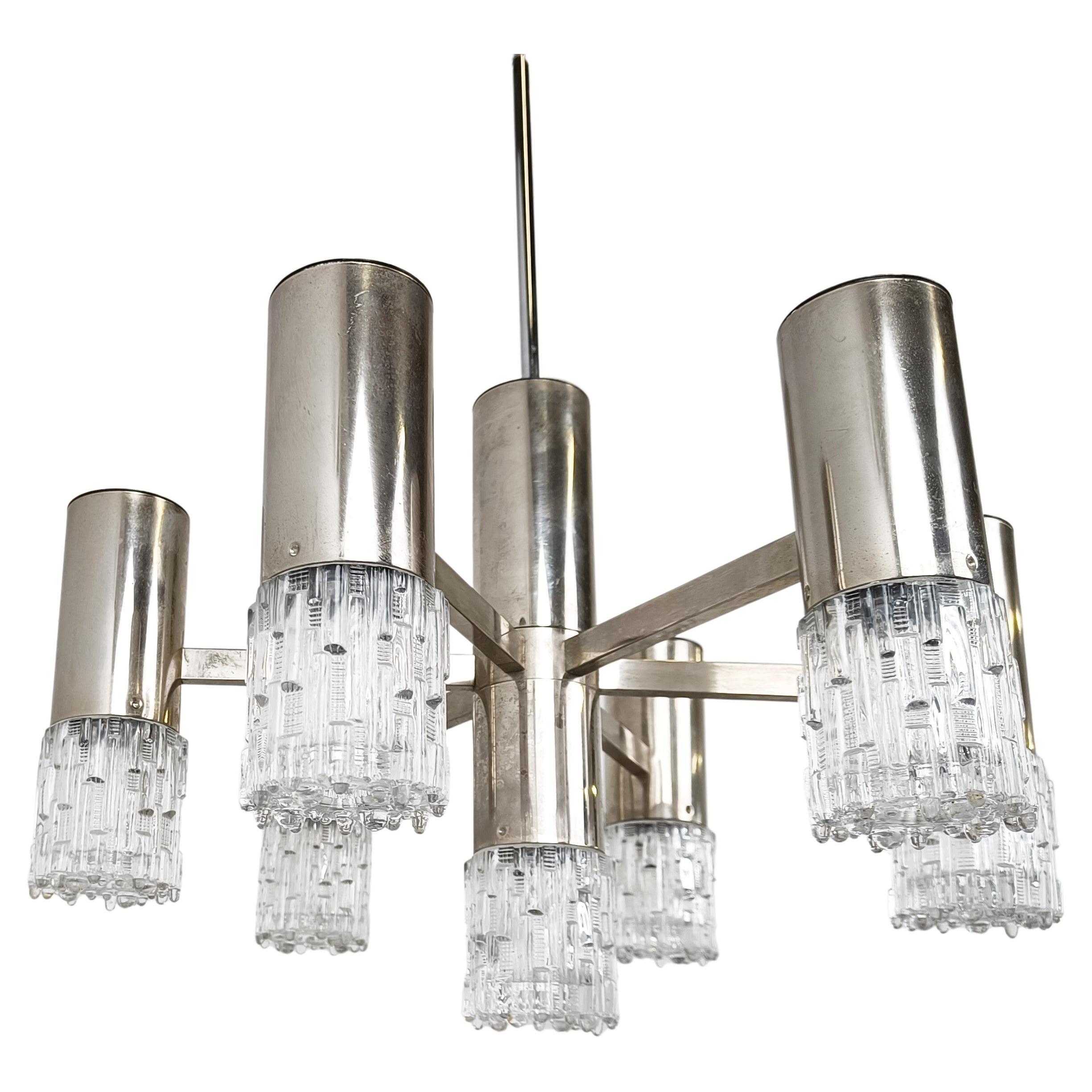 Chrome and Glass Chandelier Attributed to Sciolari, 1970s For Sale