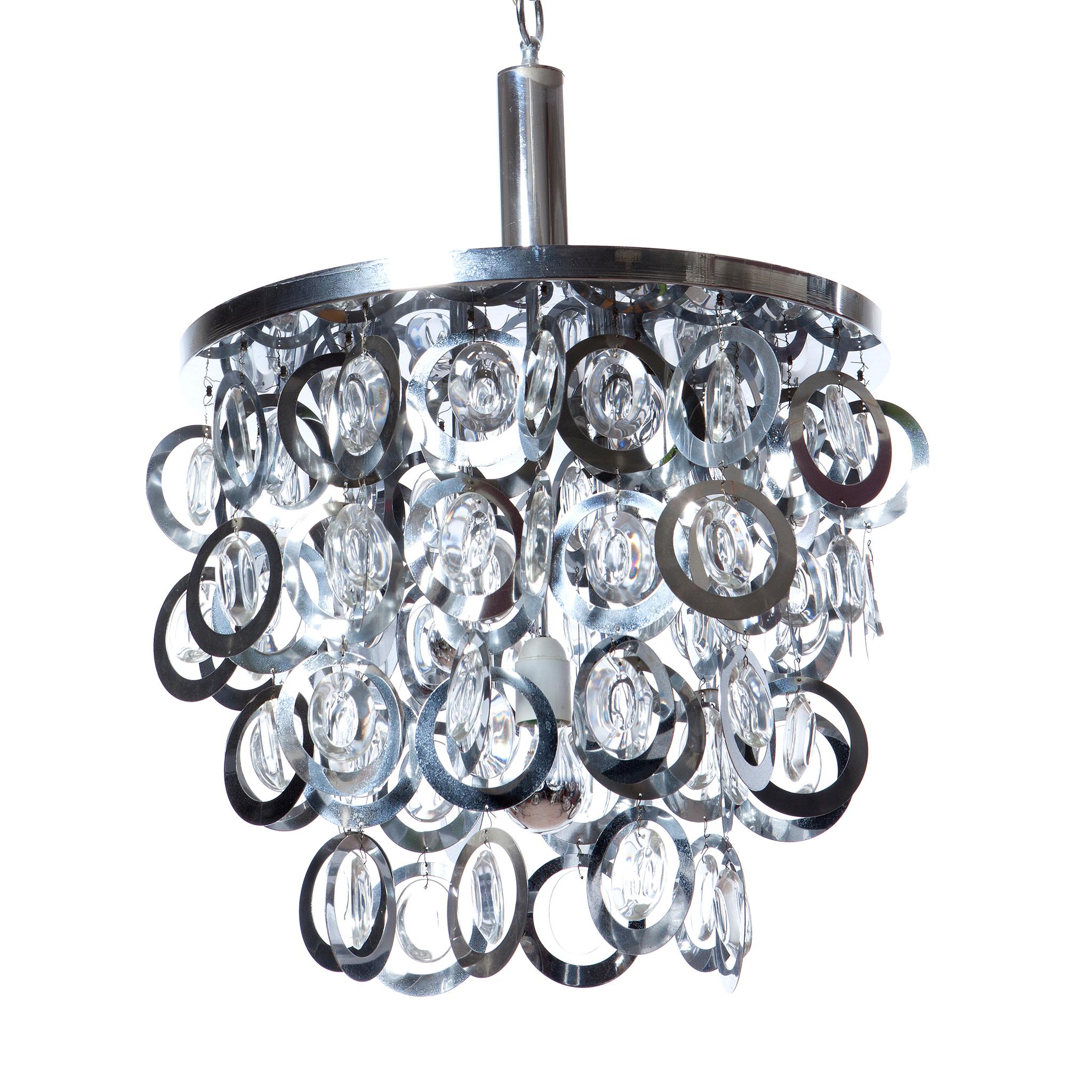 This striking chandelier has 4 levels of chrome rings and glass circles that make the light the eye catcher of the room. 5 light bulb fittings.