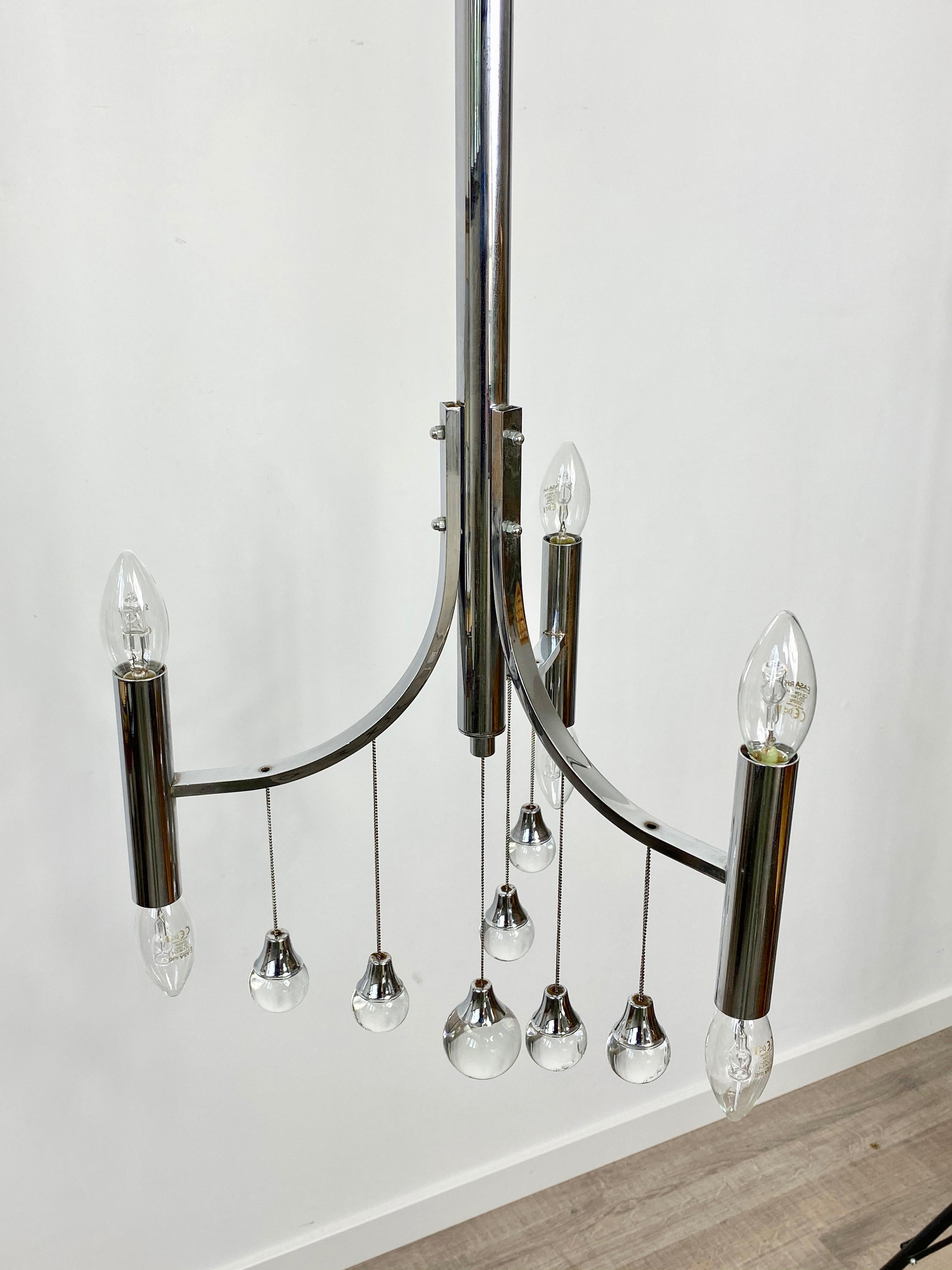 Italian Chrome and Glass Chandelier Pendant by Gaetano Sciolari, Italy, 1960s For Sale