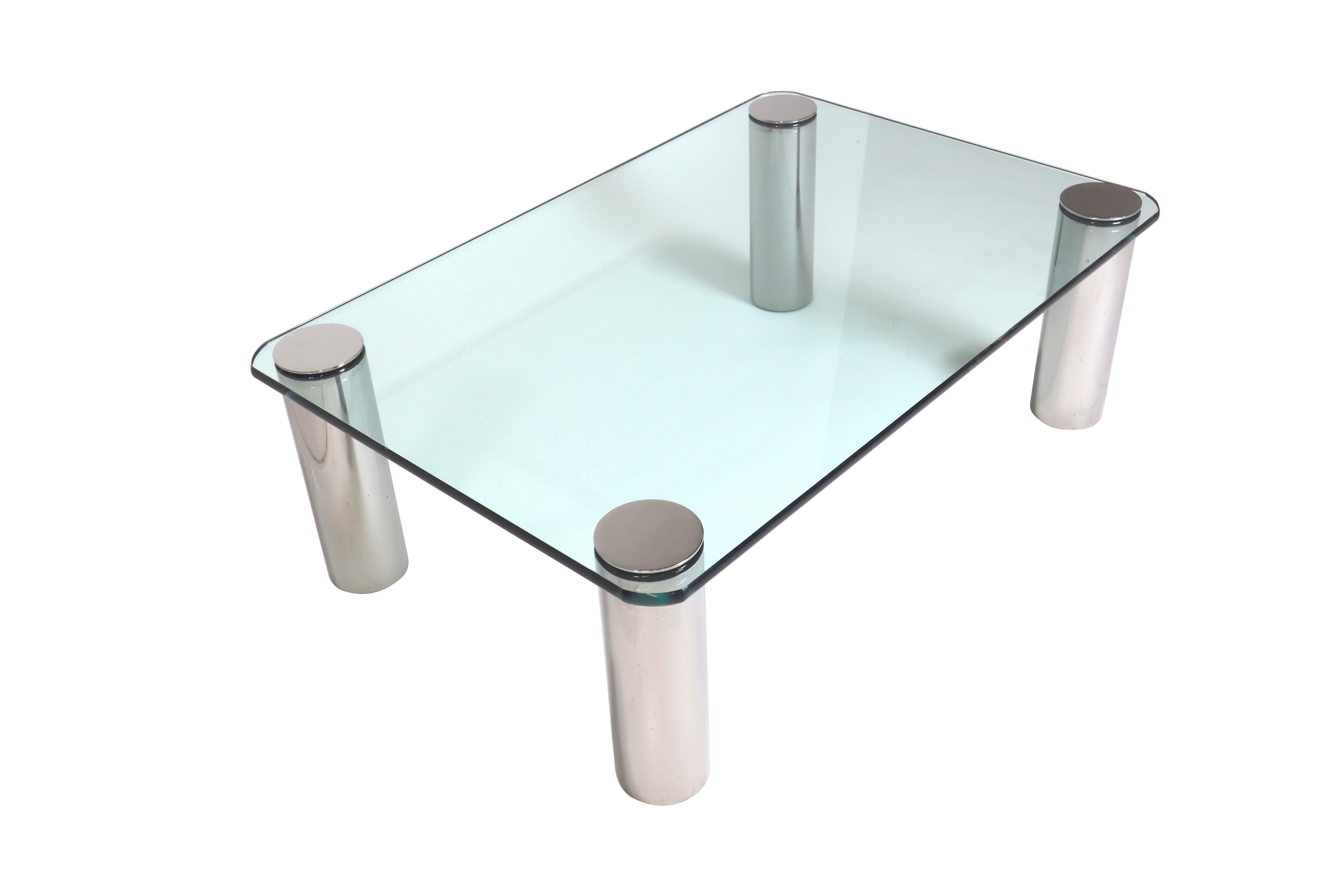 Chrome and glass cocktail table designed by Leon Rosen for Pace.