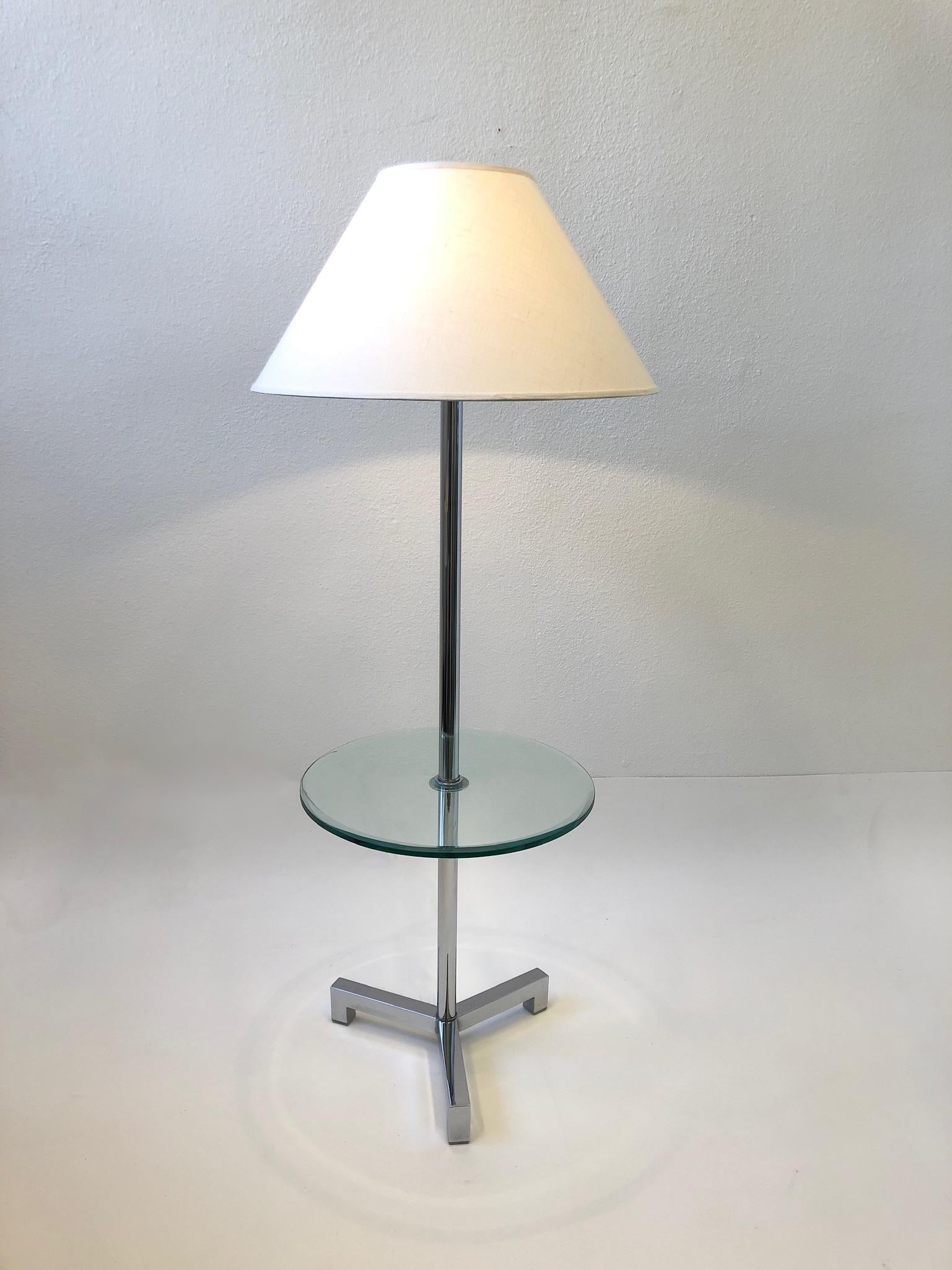 Polished Chrome and Glass Floor Lamp with Table by Charles Hollis Jones