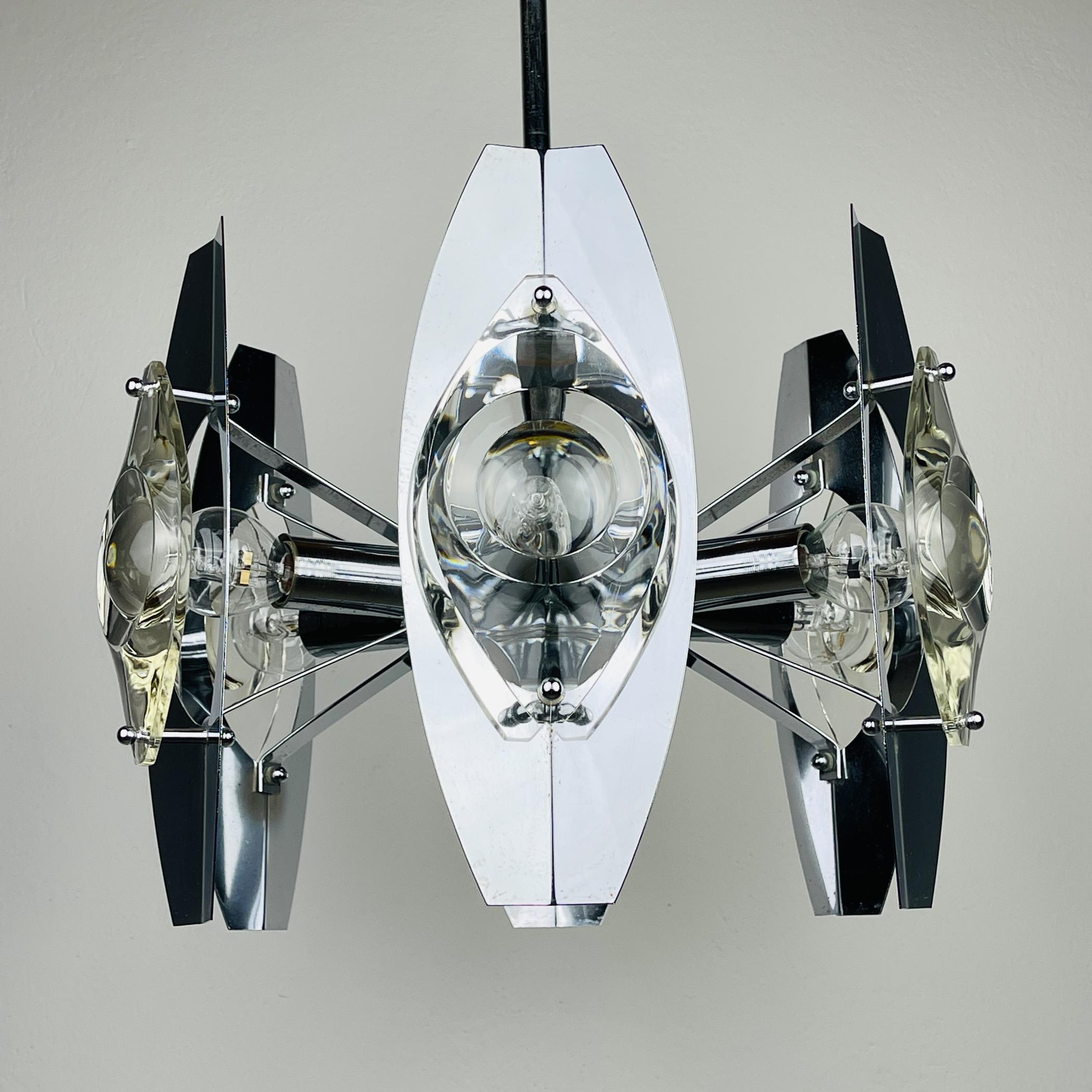 Italian Chrome and Glass Lens Chandelier by Oscar Torlasco Italy 1960s For Sale