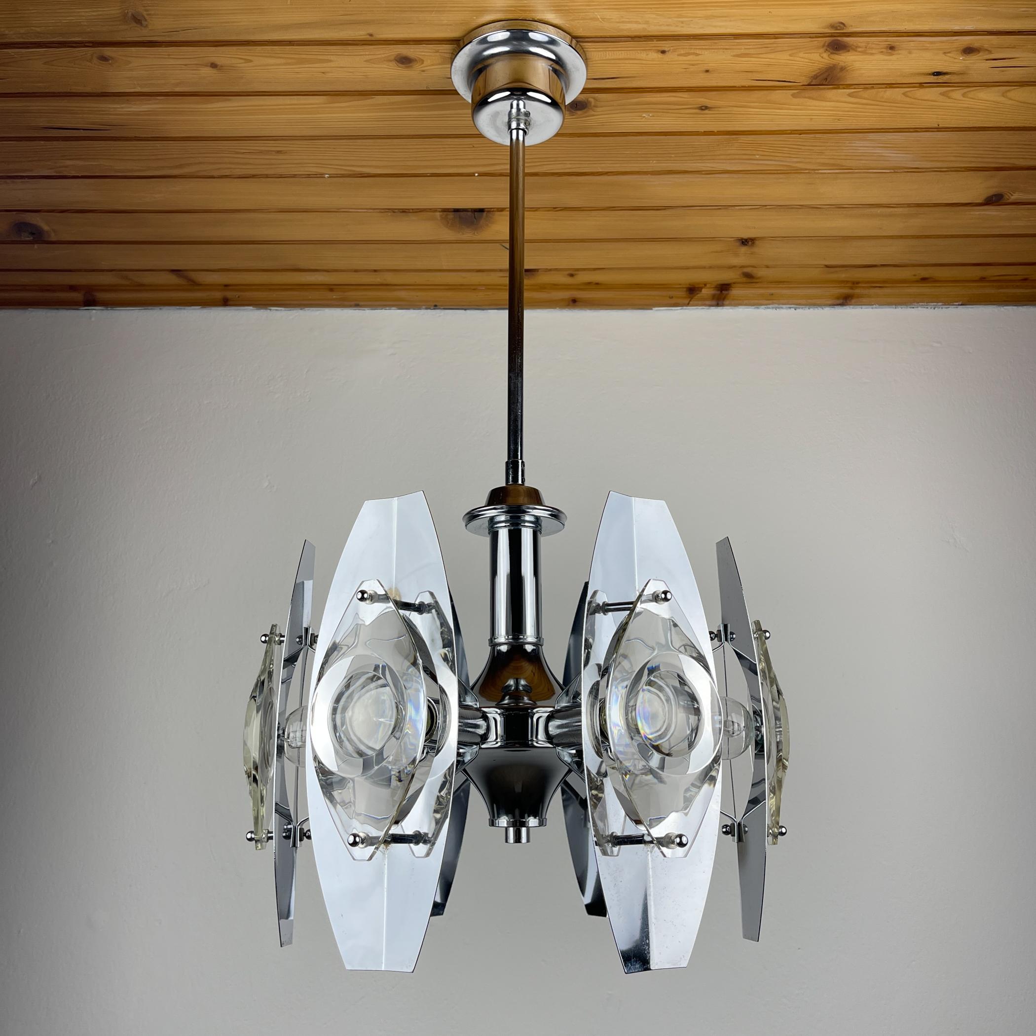 Chrome and Glass Lens Chandelier by Oscar Torlasco Italy 1960s For Sale 1