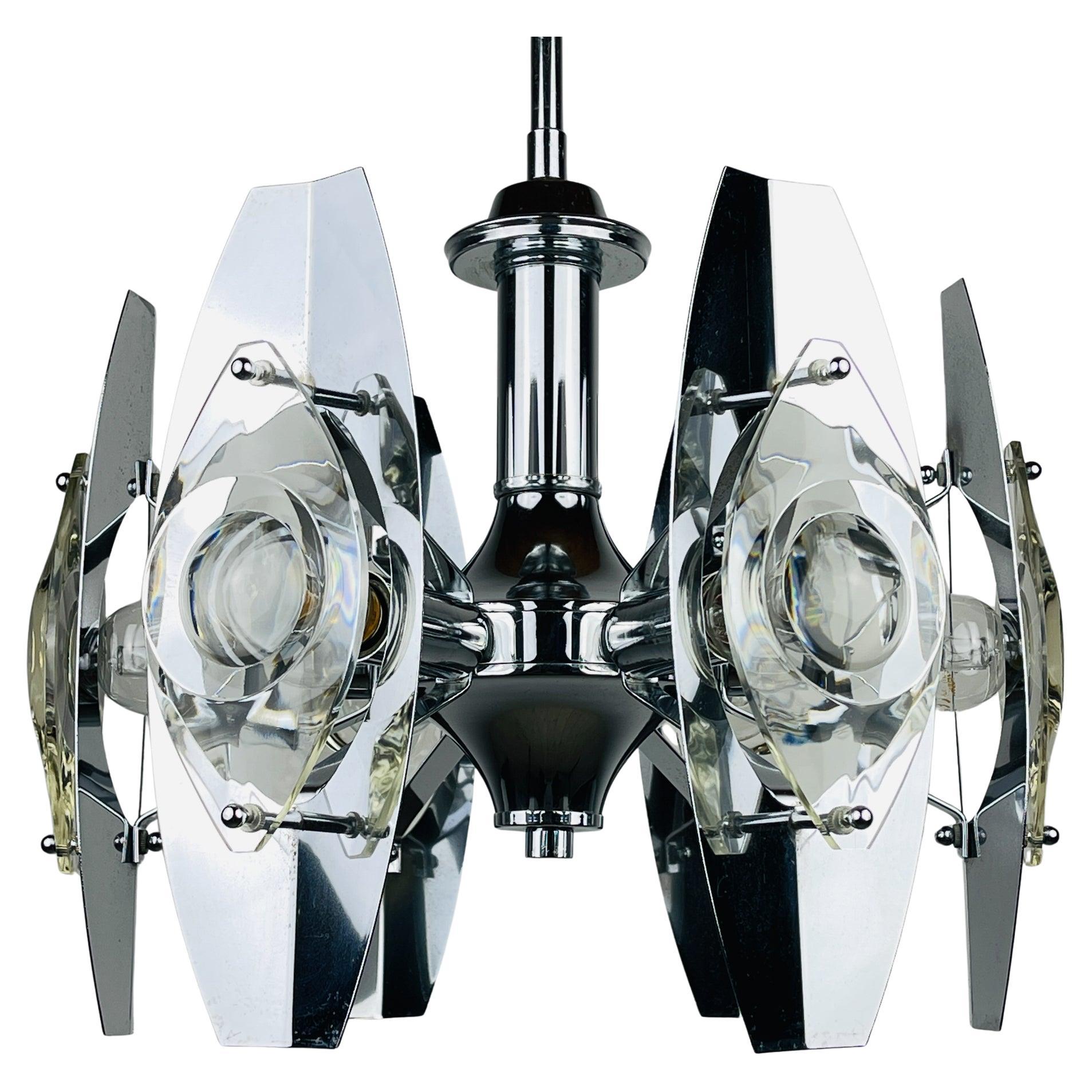 Chrome and Glass Lens Chandelier by Oscar Torlasco Italy 1960s