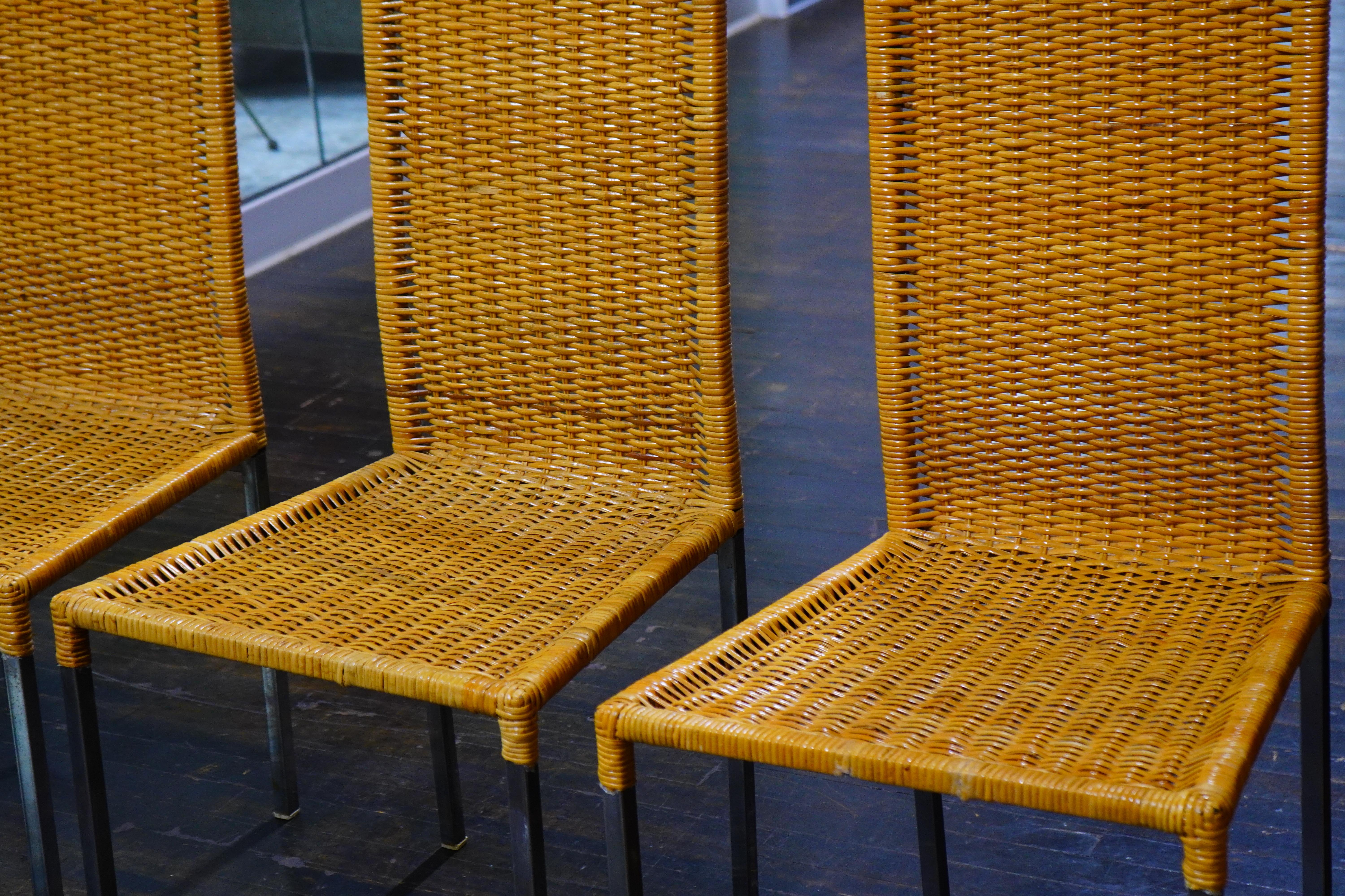 Chrome and Glass Mid-Century Bistro Table and 4 Woven Rattan Chairs For Sale 4