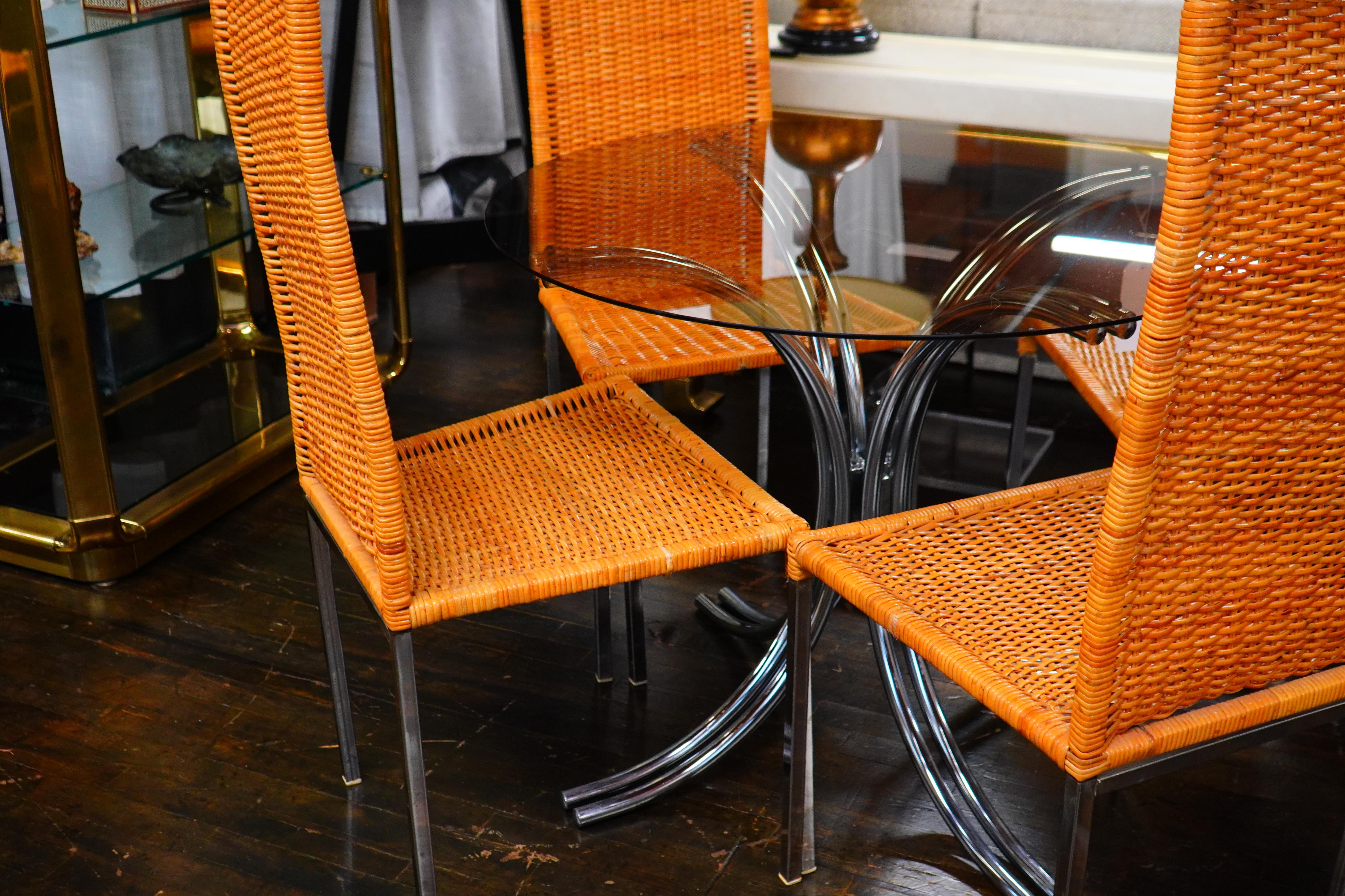 Mid-Century Modern Chrome and Glass Mid-Century Bistro Table and 4 Woven Rattan Chairs For Sale