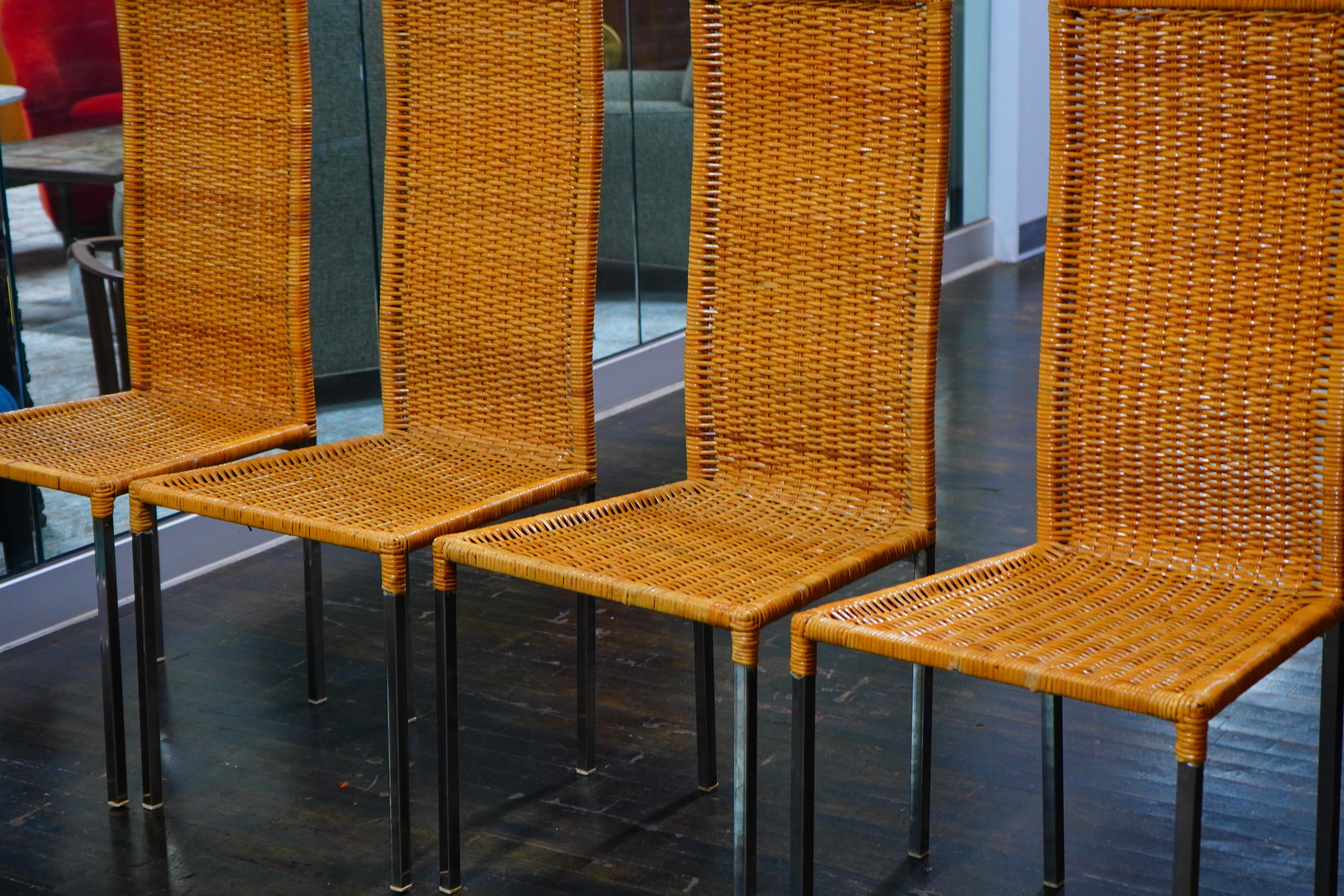 Chrome and Glass Mid-Century Bistro Table and 4 Woven Rattan Chairs In Good Condition For Sale In Chicago, IL