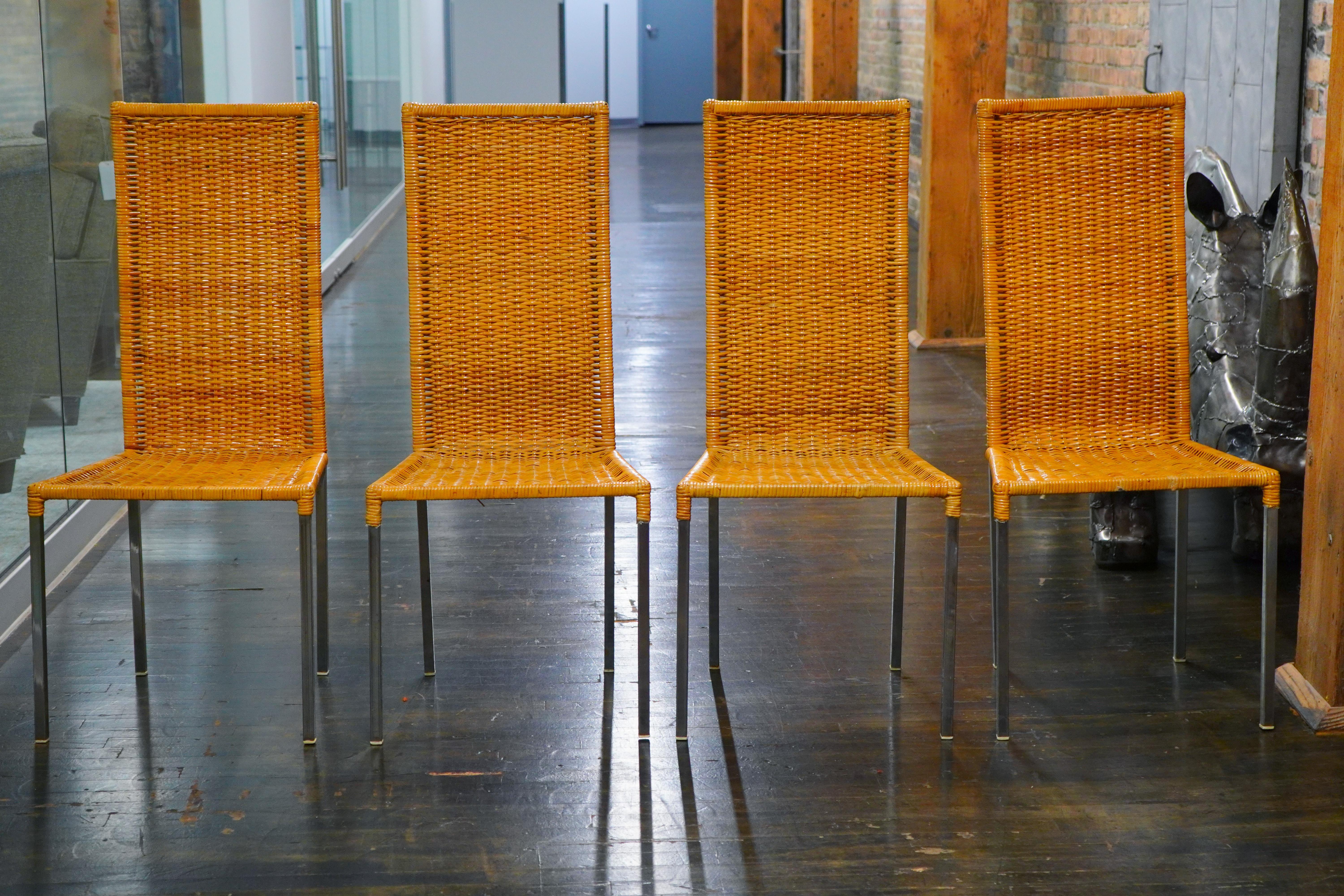 Chrome and Glass Mid-Century Bistro Table and 4 Woven Rattan Chairs For Sale 3