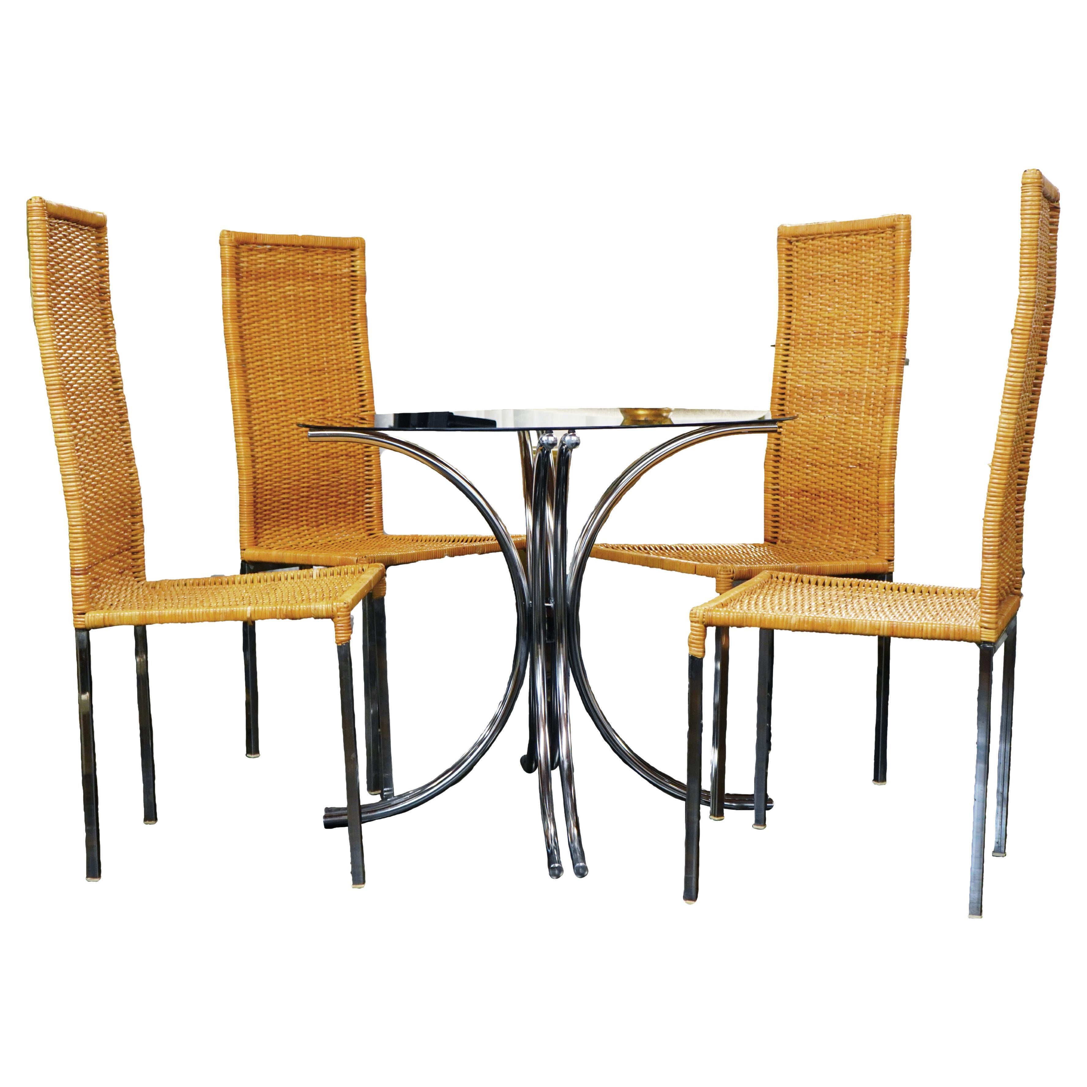Chrome and Glass Mid-Century Bistro Table and 4 Woven Rattan Chairs For Sale