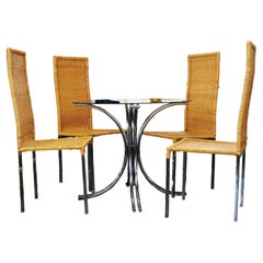 Chrome and Glass Mid-Century Bistro Table and 4 Woven Rattan Chairs