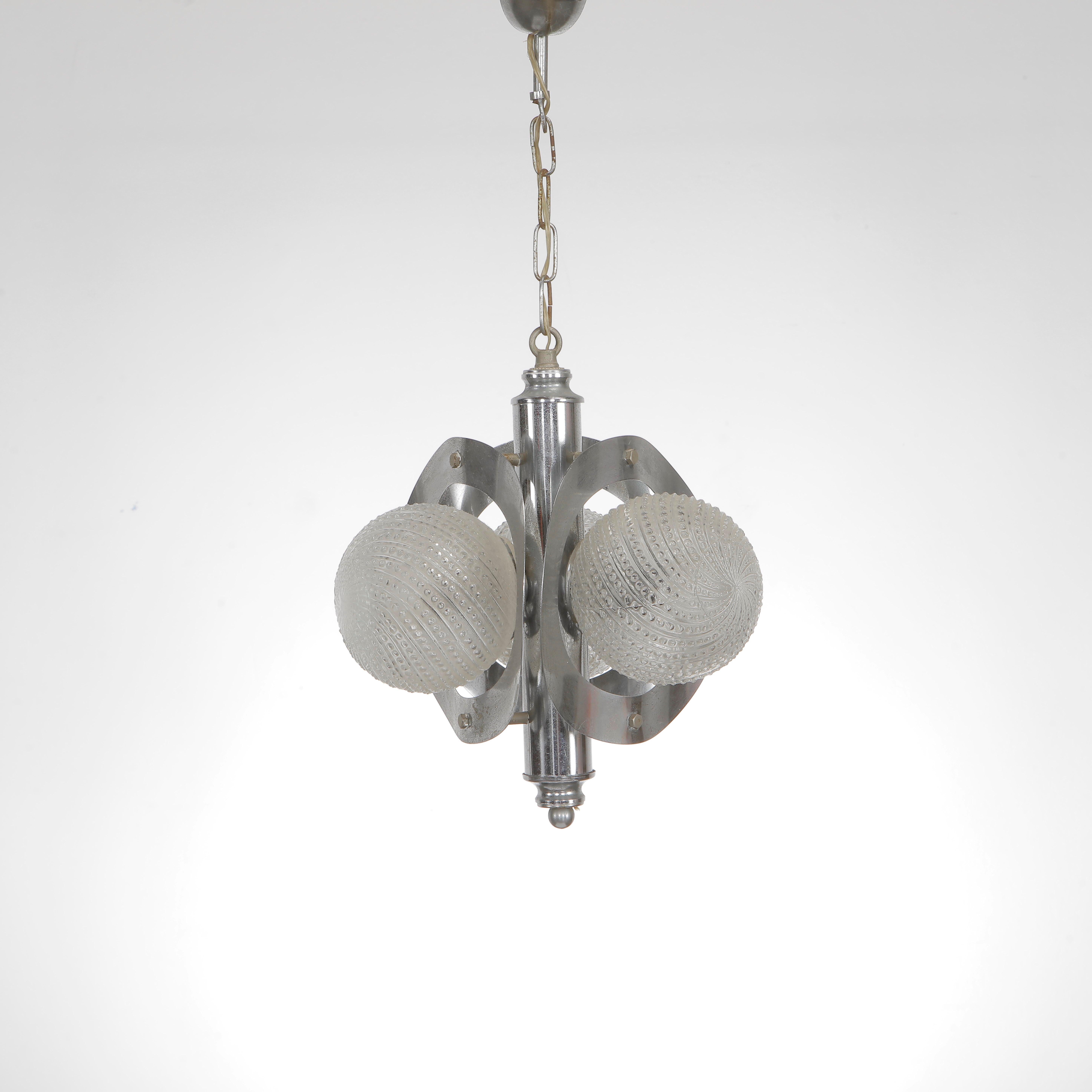 Mid-Century Modern Chrome and Glass Pendant Attributed to Veca, 1970s For Sale