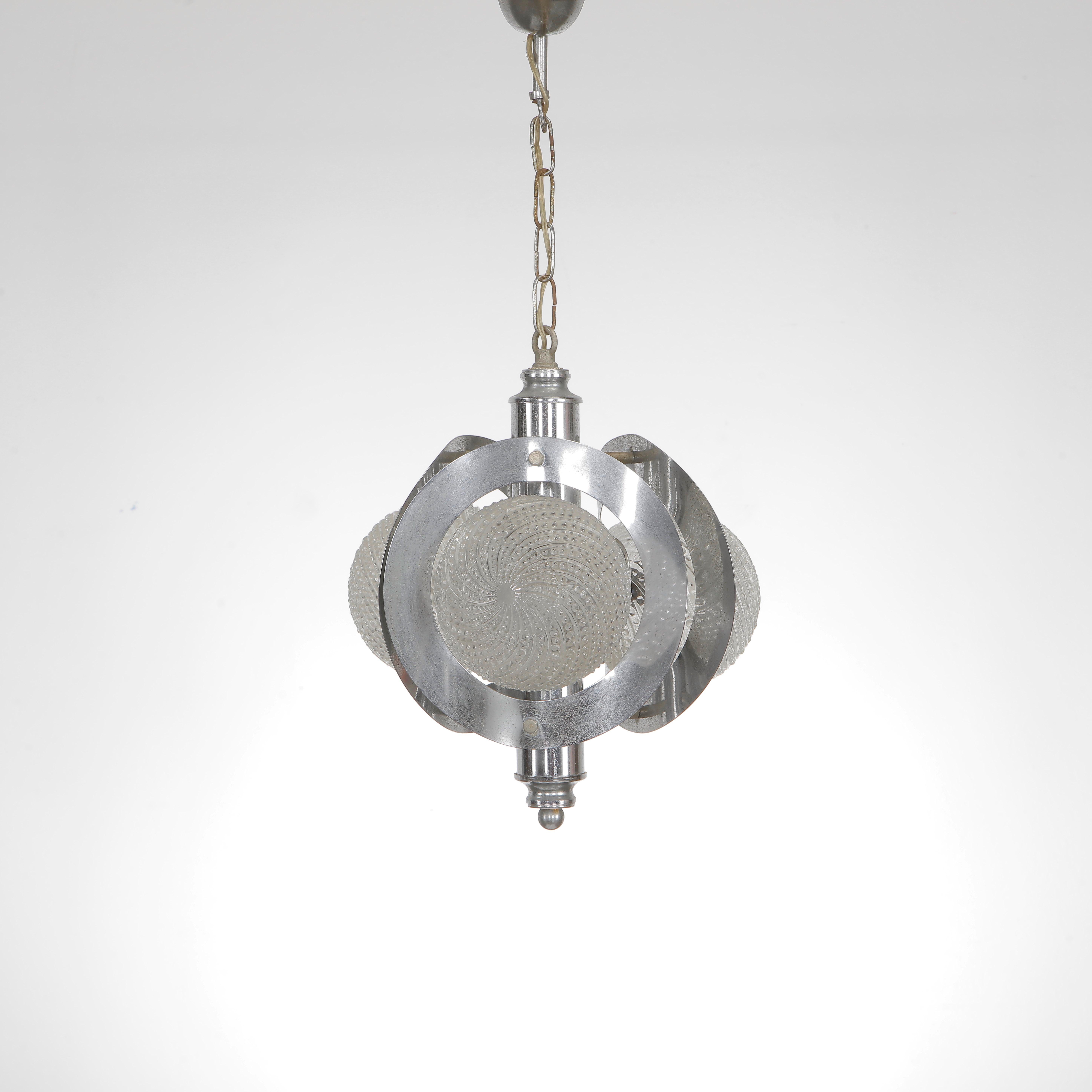 Italian Chrome and Glass Pendant Attributed to Veca, 1970s For Sale