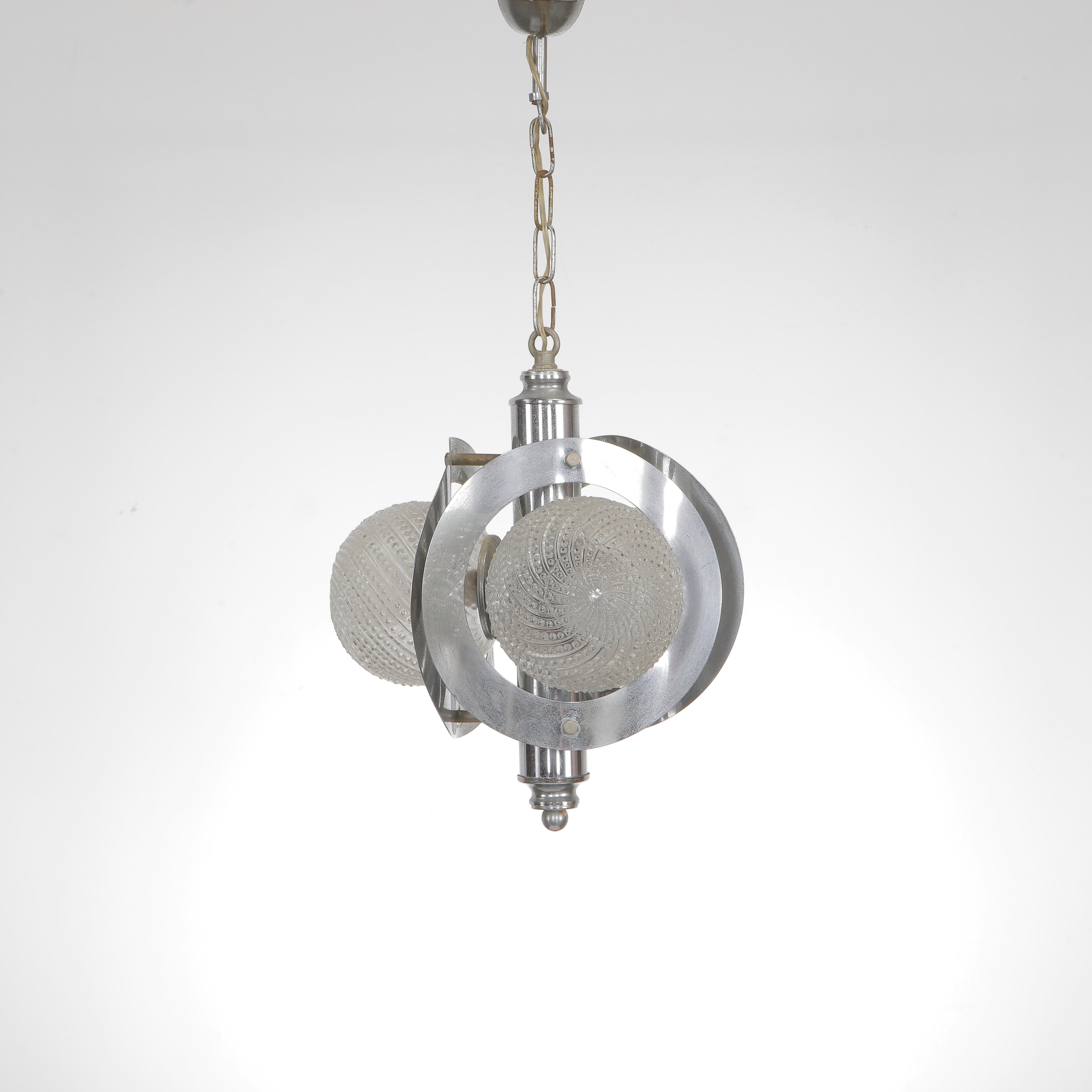 Chrome and Glass Pendant Attributed to Veca, 1970s In Good Condition For Sale In Gardena, CA