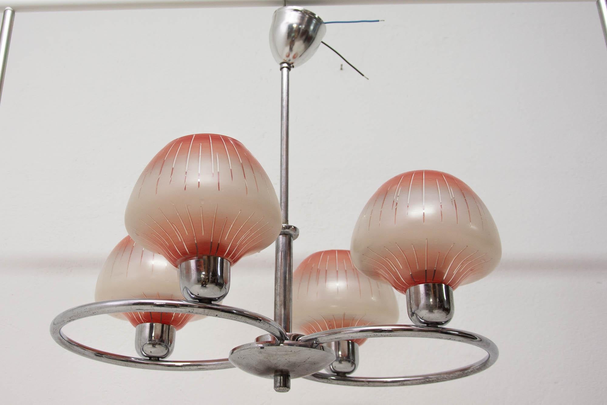 Plated Chrome and Glass Pendant Chandelier, 1950s For Sale