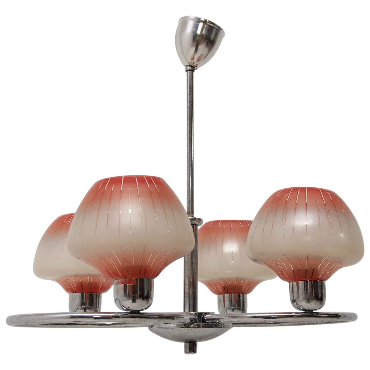 Midcentury Chrome and Grey Glass Pendant Chandelier For Sale at 1stDibs