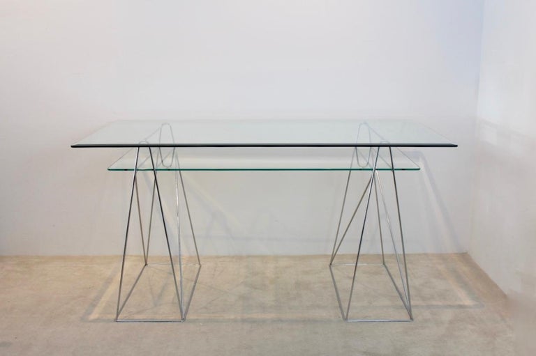 Chrome And Glass Trestle Leg Console Table Or Desk At 1stdibs