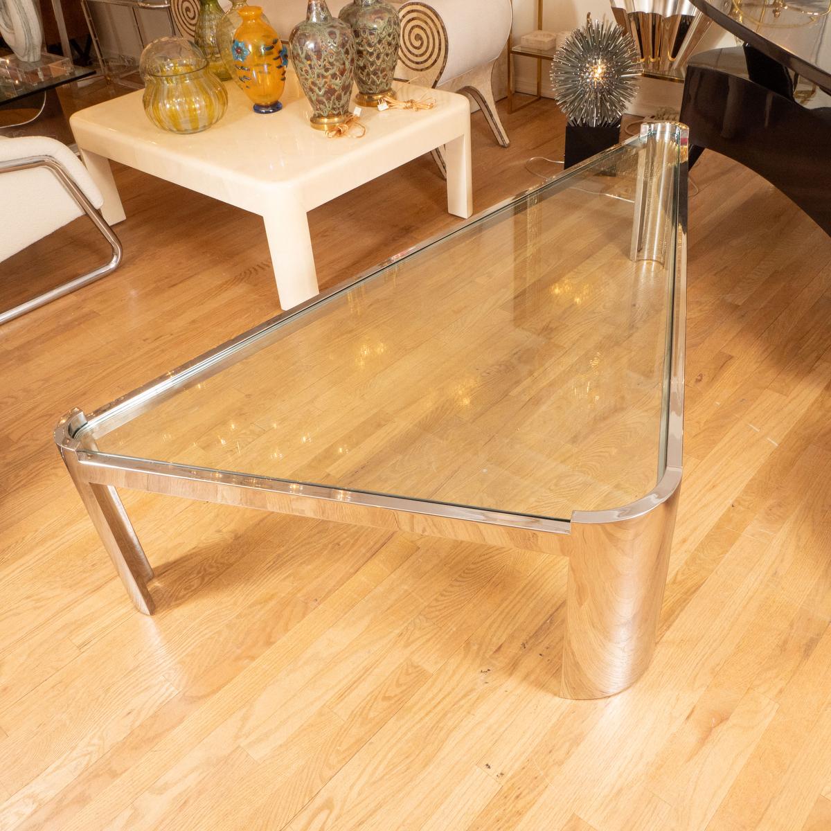 Mid-Century Modern Chrome and glass triangular coffee table For Sale