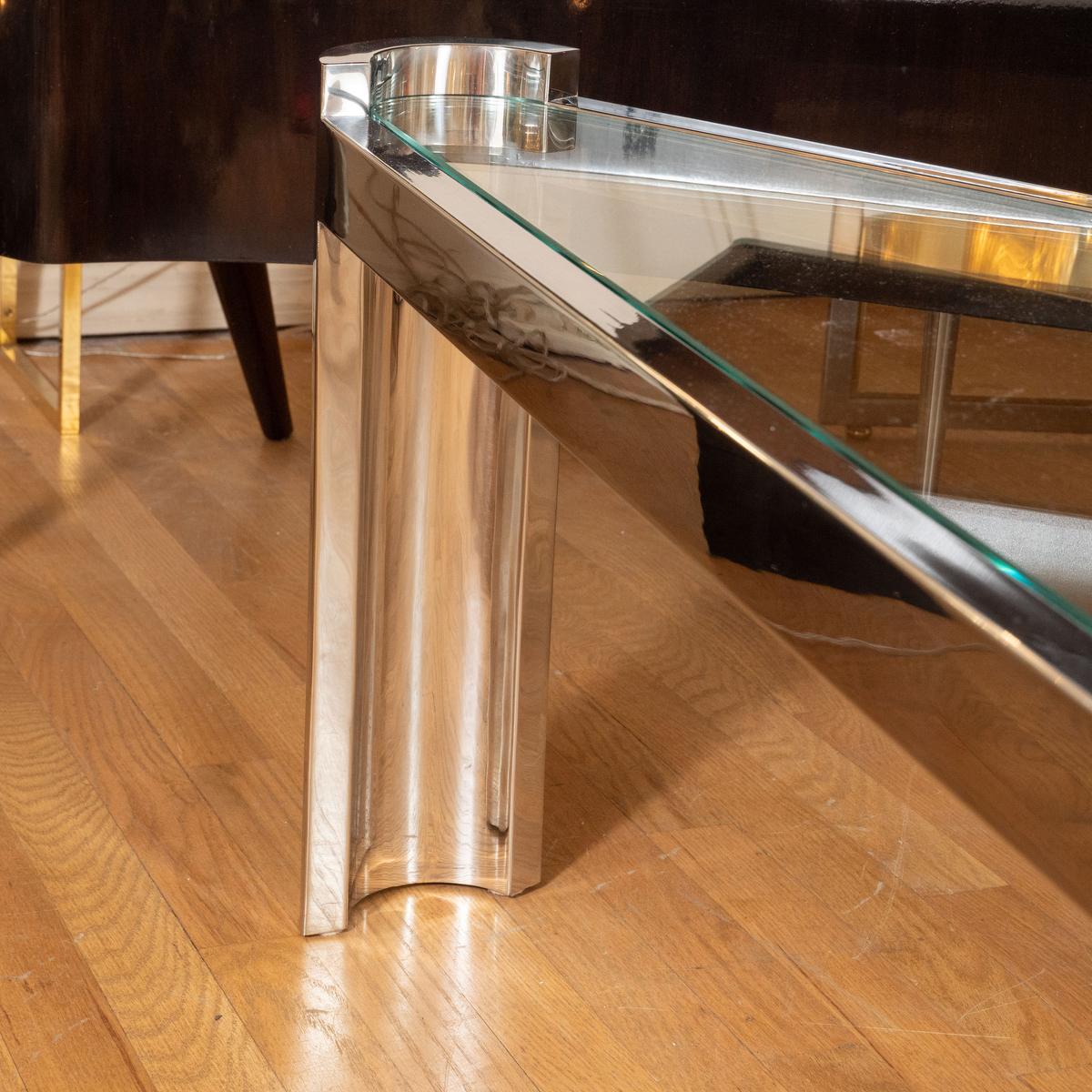 American Chrome and glass triangular coffee table For Sale