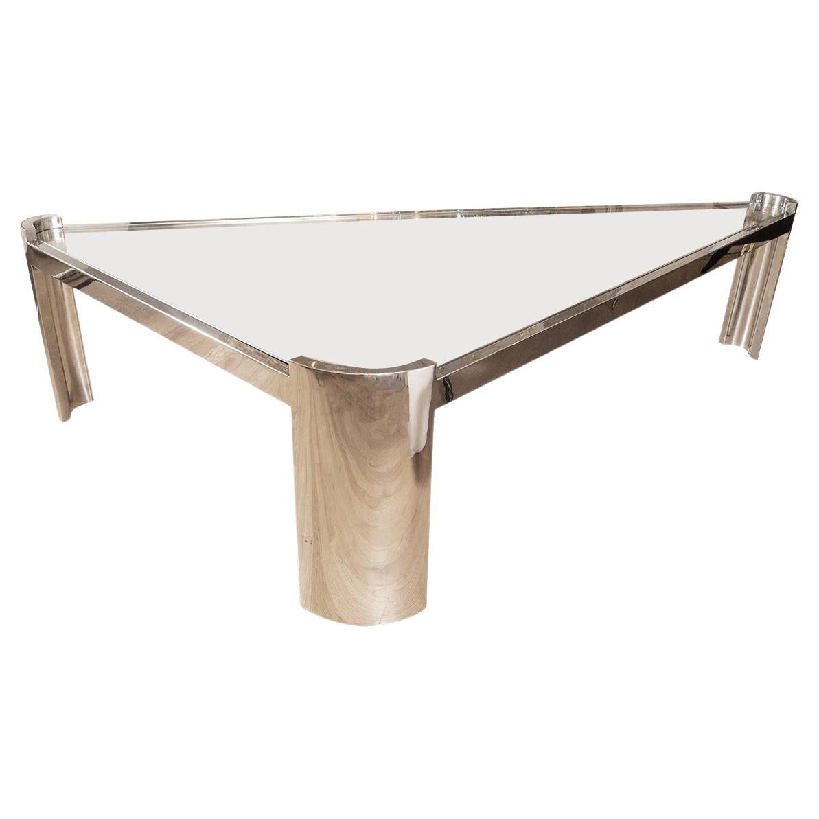 Chrome and glass triangular coffee table For Sale