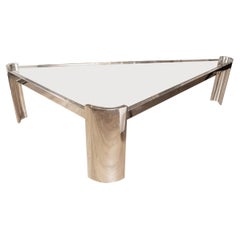 Chrome and glass triangular coffee table