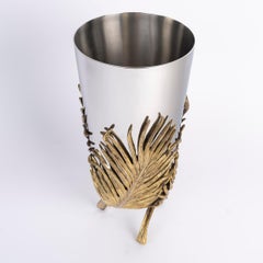 Chrome-And Gold-Plated Metal Modern Vase With A Palm Leaf Motif, 20th Century.