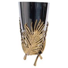 Chrome-And Gold-Plated Metal Modern Vase With A Palm Leaf Motif, 20th Century.