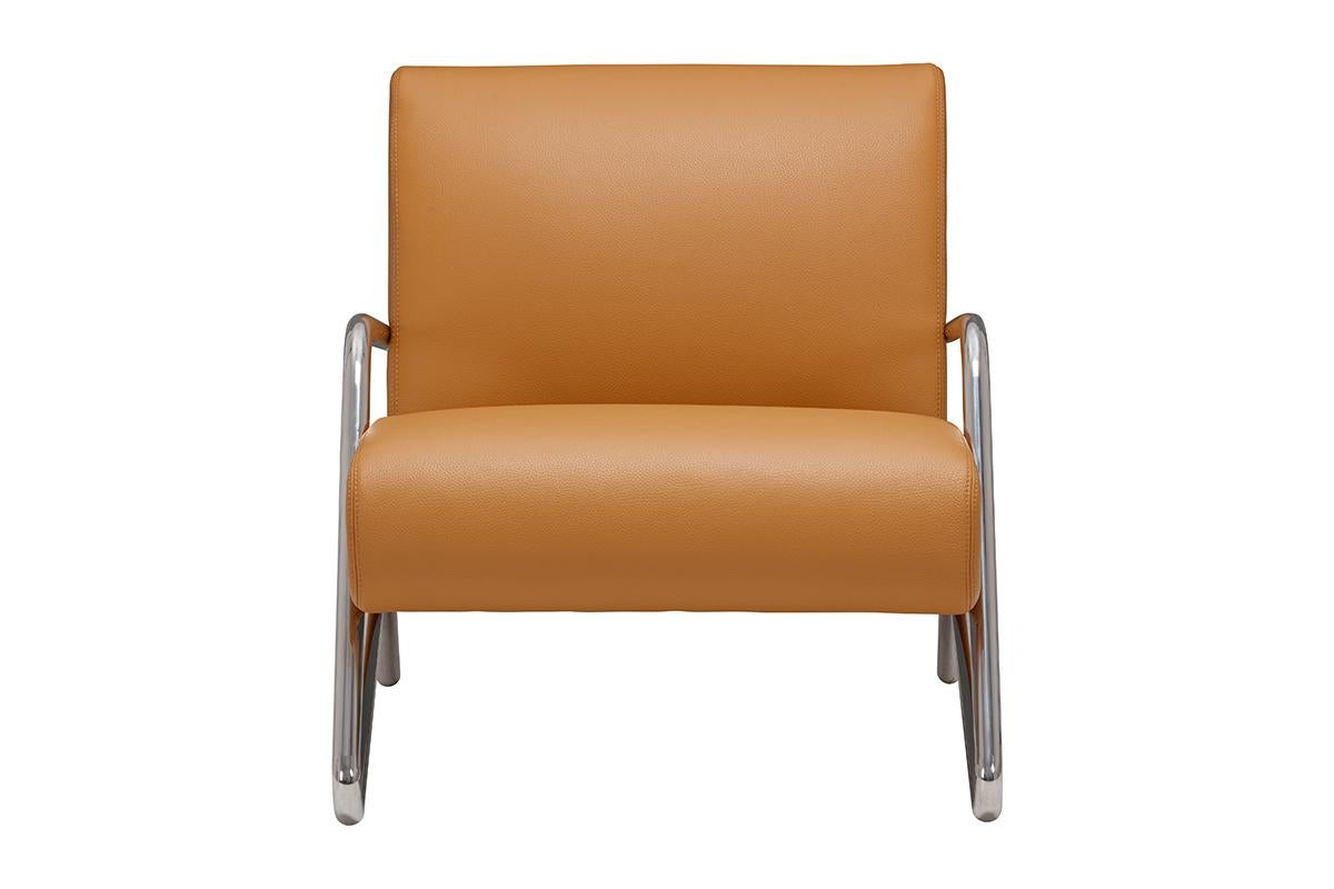 Plated Chrome and Leather Industrial Lounge Chair - Camel For Sale