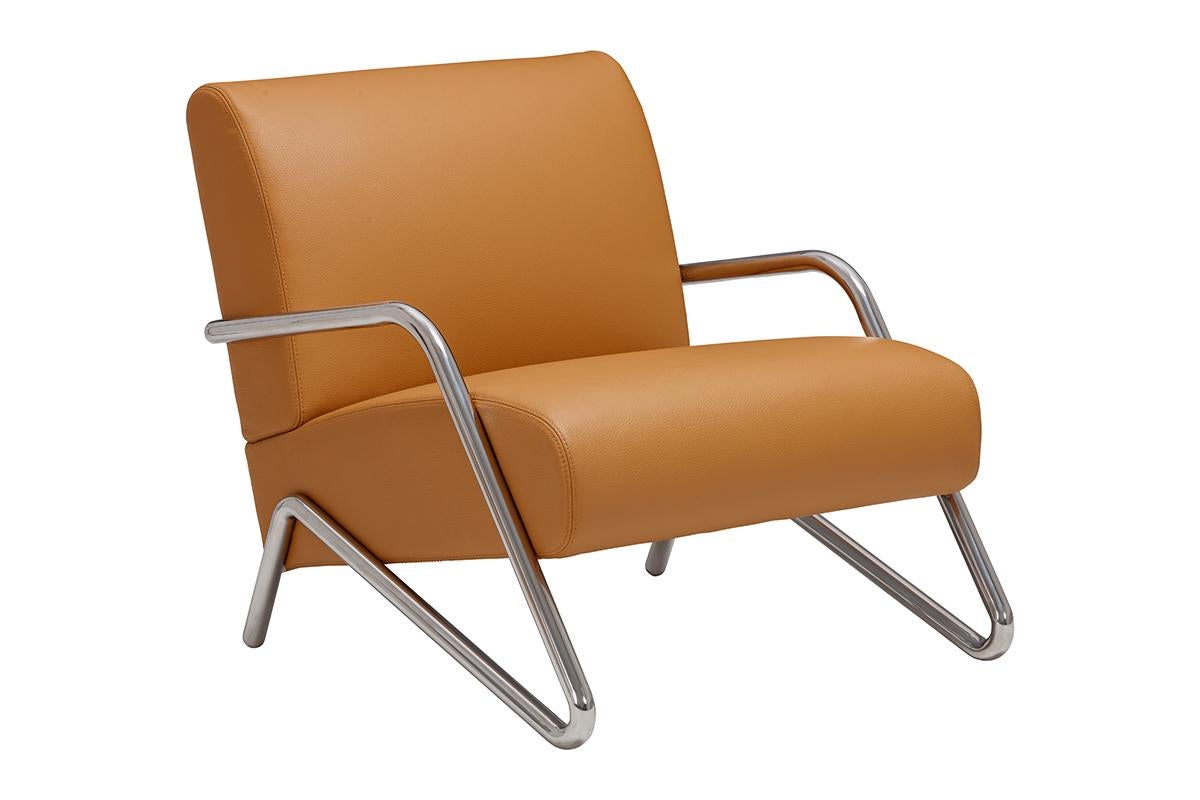 Chrome and Leather Industrial Lounge Chair - Camel In New Condition For Sale In Miami Beach, FL