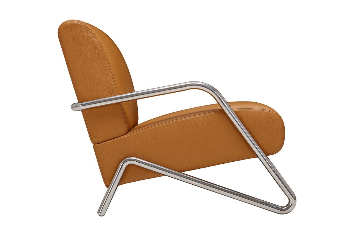 Contemporary Chrome and Leather Industrial Lounge Chair - Camel For Sale