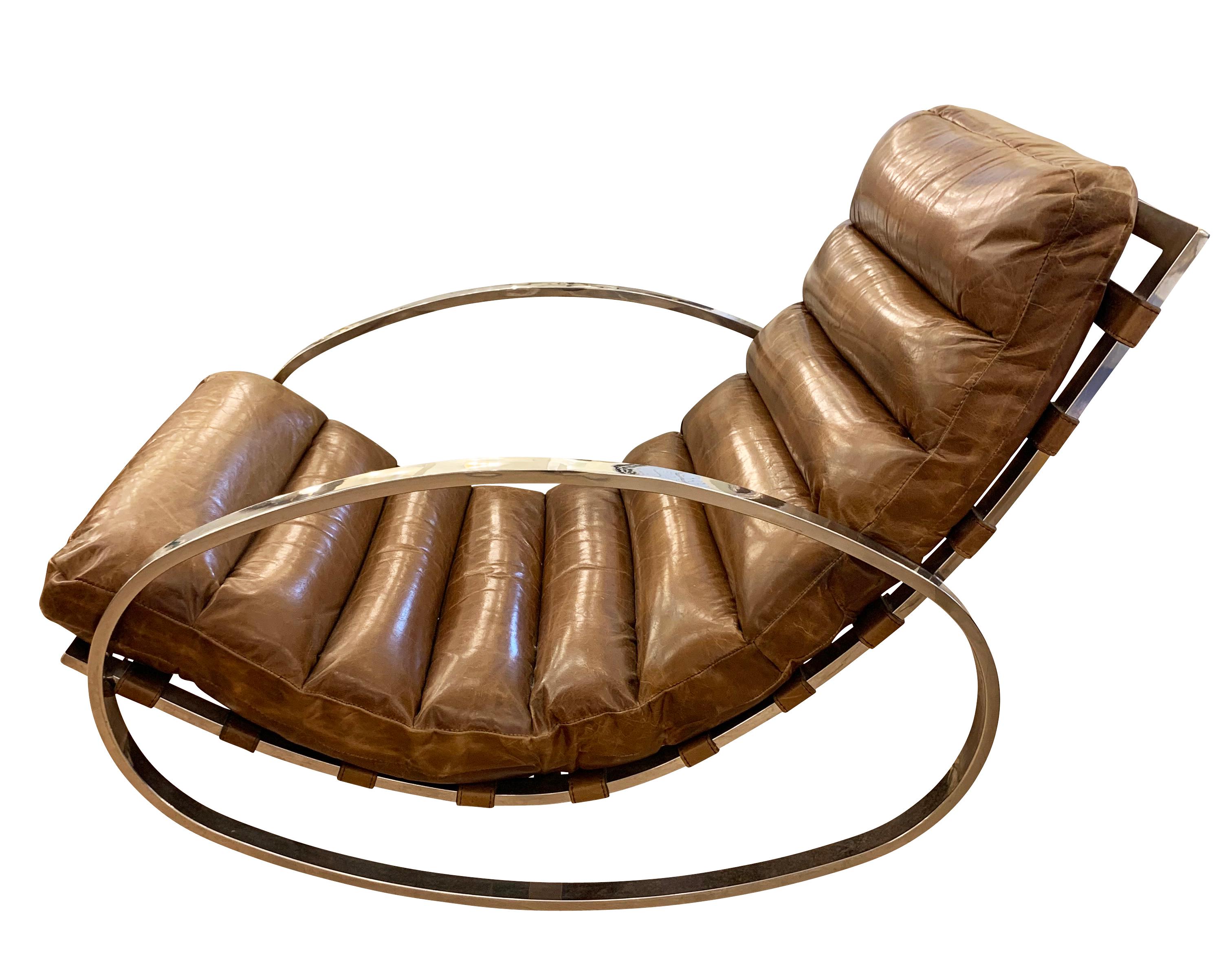 Mid-Century Modern Chrome and Leather Italian Mid-Century Rocking Chair by Renato Zevi For Sale