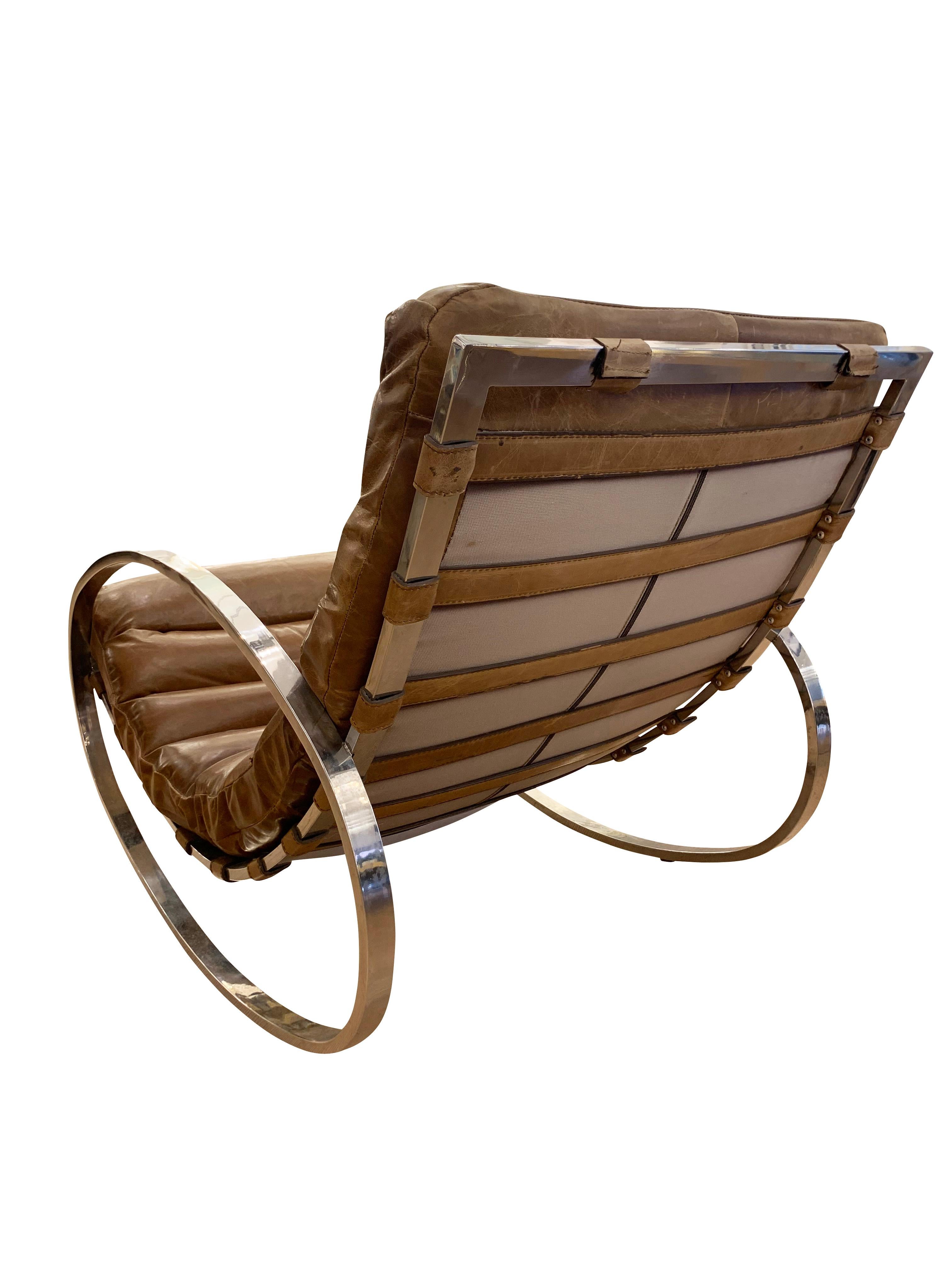 Chrome and Leather Italian Mid-Century Rocking Chair by Renato Zevi In Good Condition In New York, NY