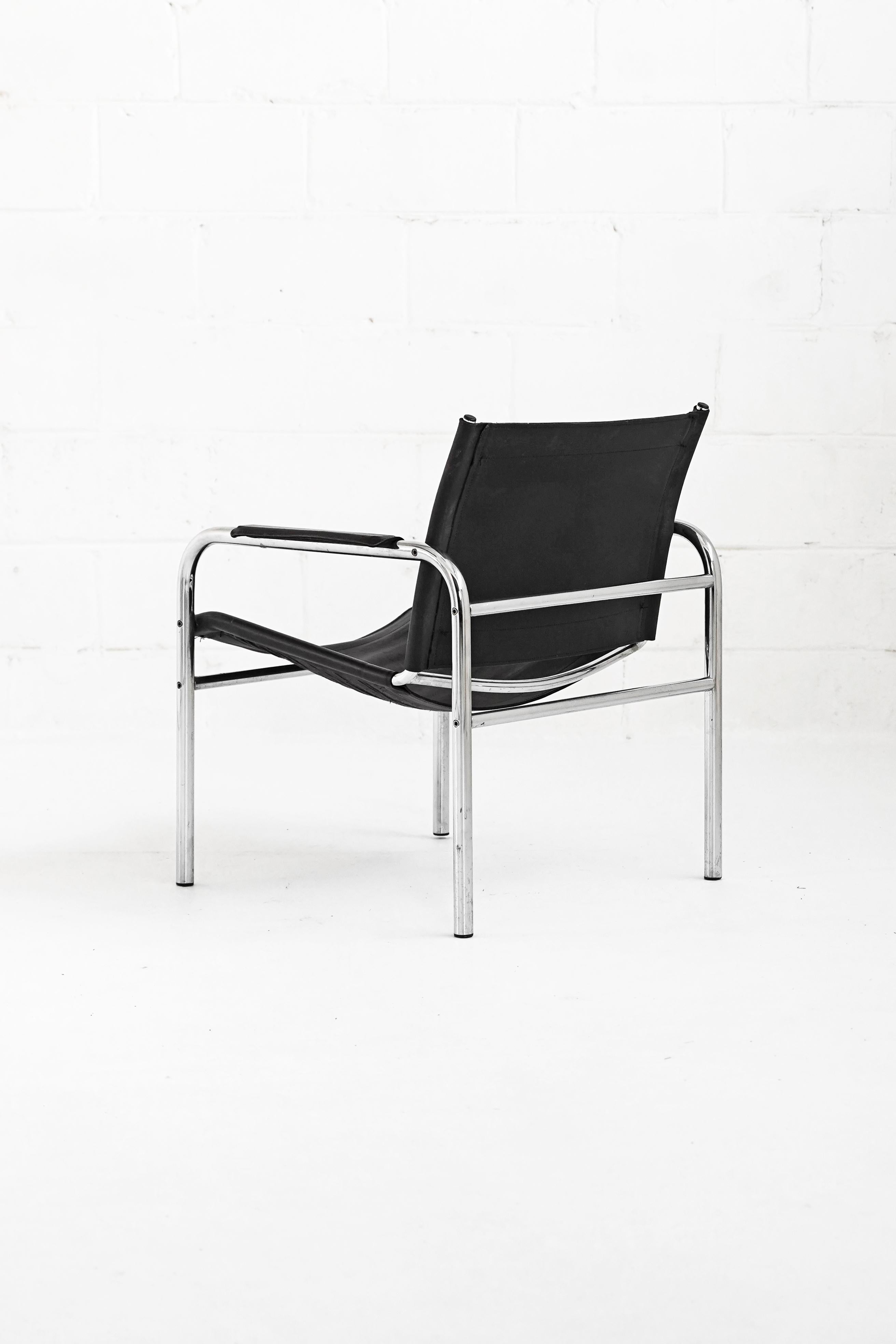 Beautiful chrome and patinaed black leather Klinte Easy chair by Tord Björklund. A stunning piece in overall great vintage condition, with minor wear and amazing patinaed leather, shown in photos. 3 chairs available, same overall condition.