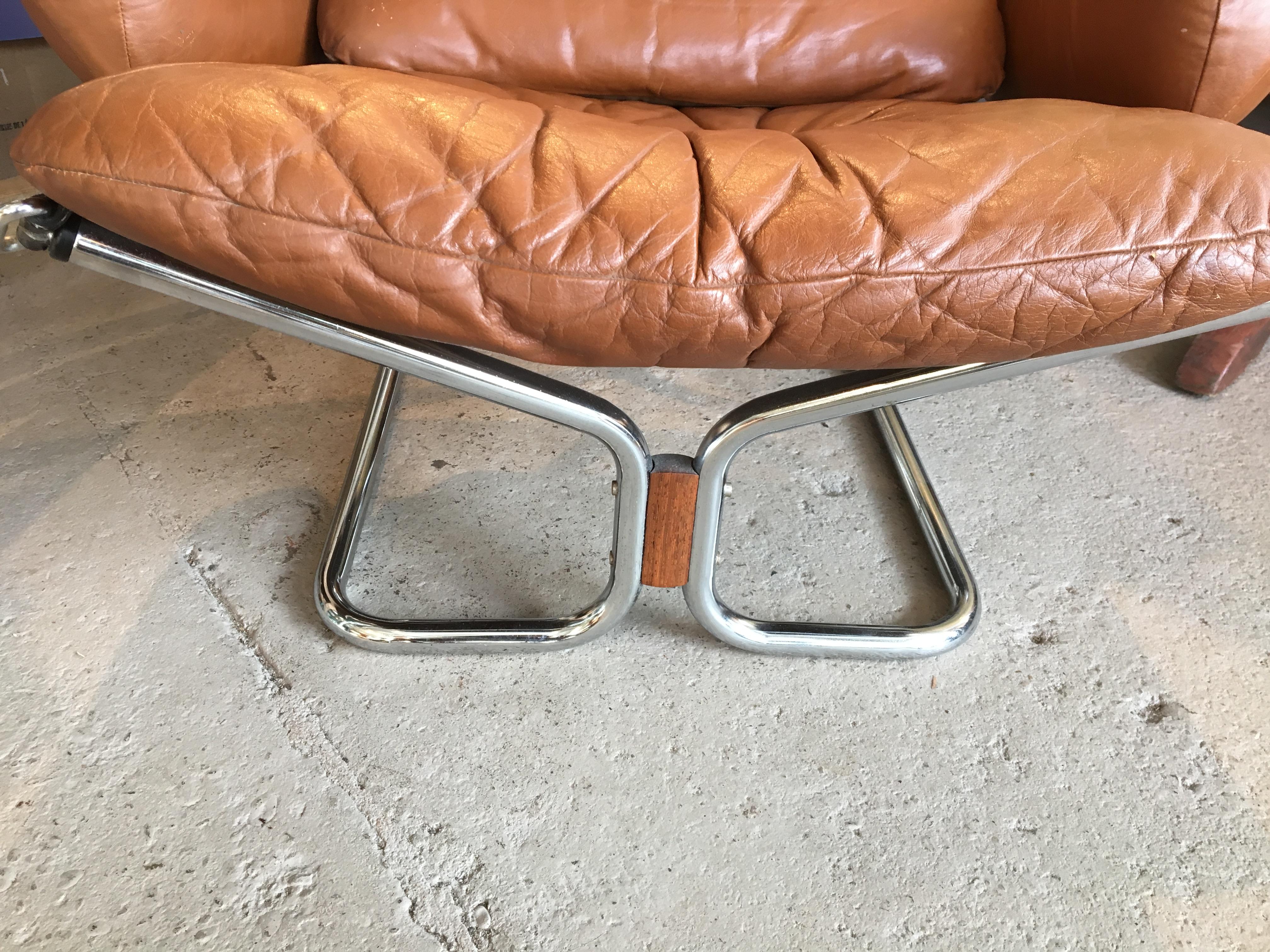 Mid-Century Modern Chrome and Leather Lounge Chair and Ottoman by Ingmar Relling, 1970, Norway