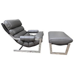 Chrome and Leather Lounge Chair and Ottoman