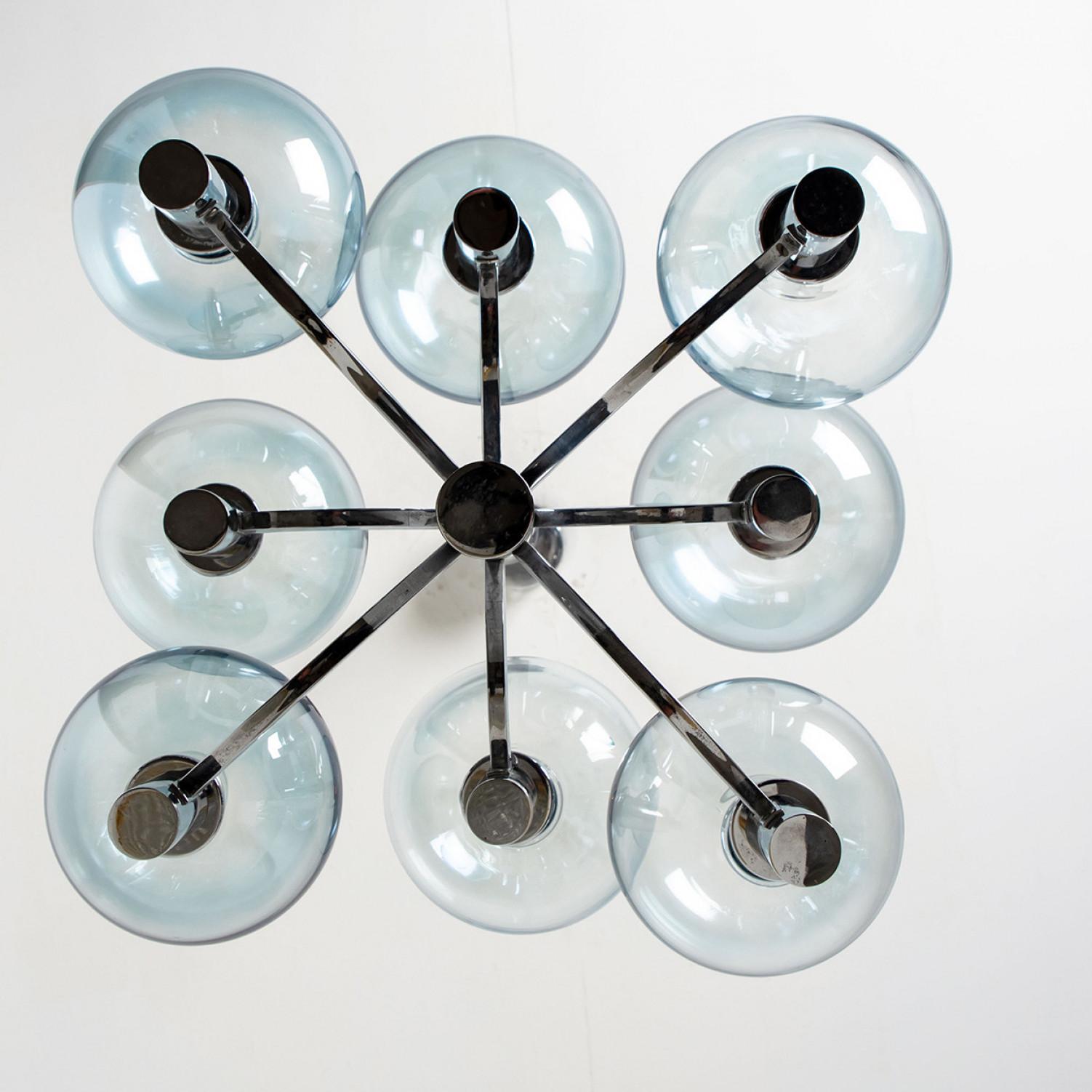 Chrome and Light Blue Glass Chandelier in the style of Arne Jakobsson, 1970s For Sale 2