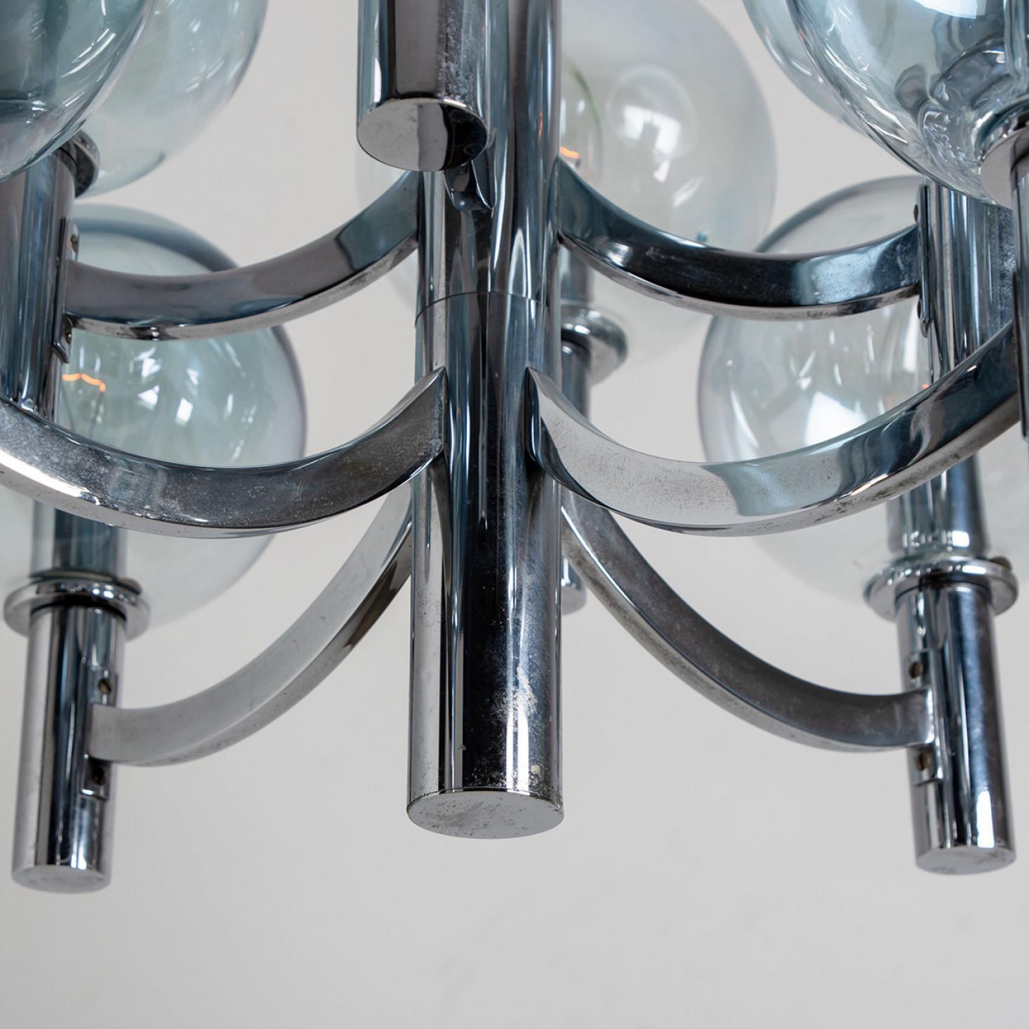 Chrome and Light Blue Glass Chandelier in the style of Arne Jakobsson, 1970s For Sale 3