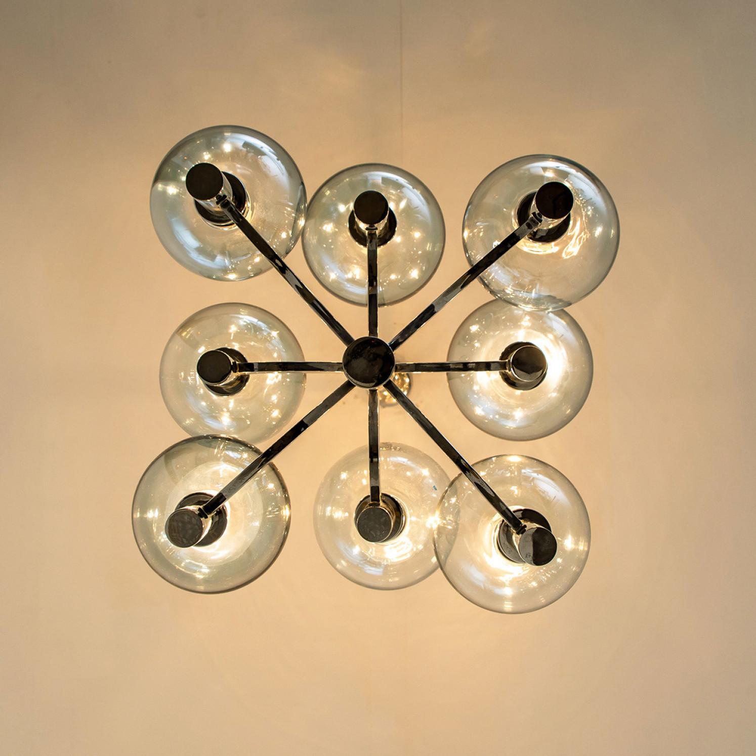 Chrome and Light Blue Glass Chandelier in the style of Arne Jakobsson, 1970s For Sale 5
