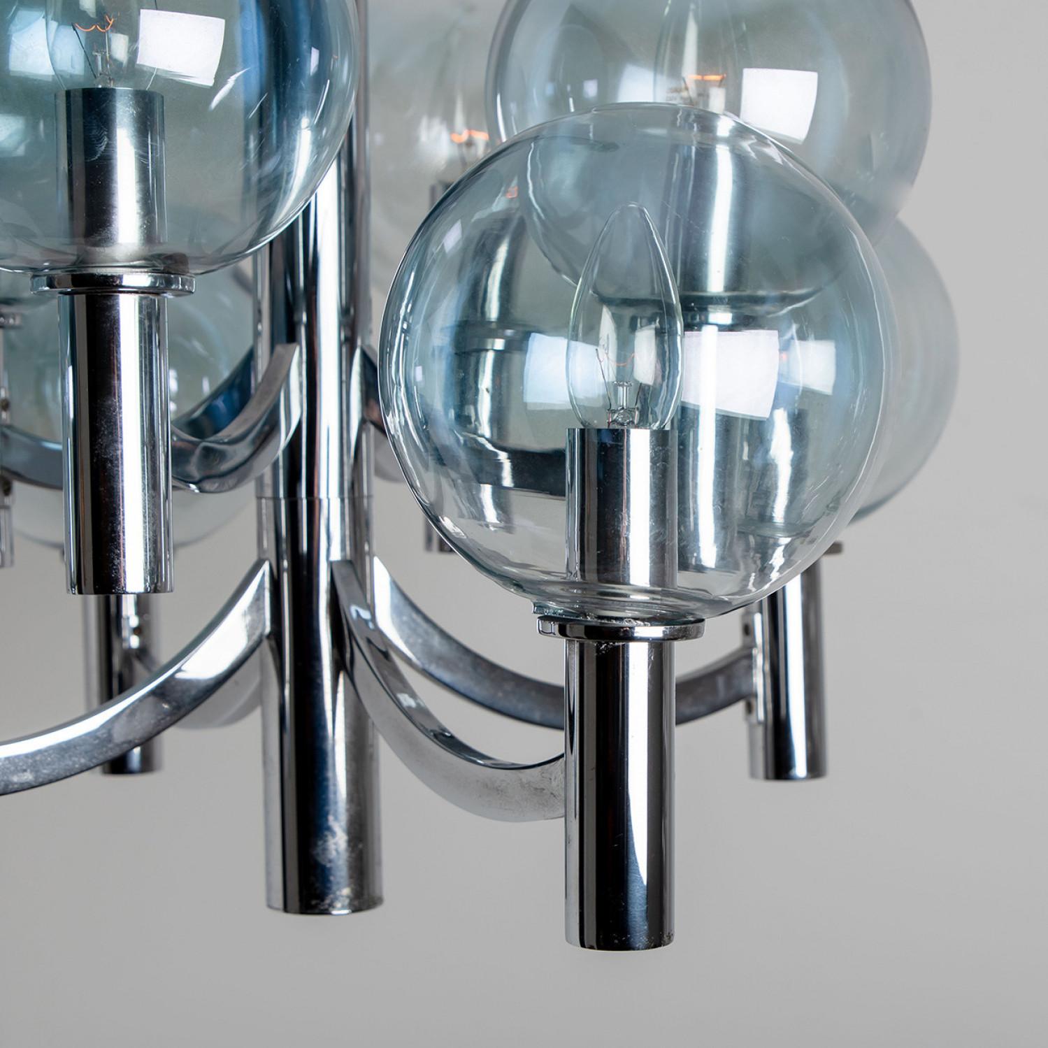 Mid-Century Modern Chrome and Light Blue Glass Chandelier in the style of Arne Jakobsson, 1970s For Sale