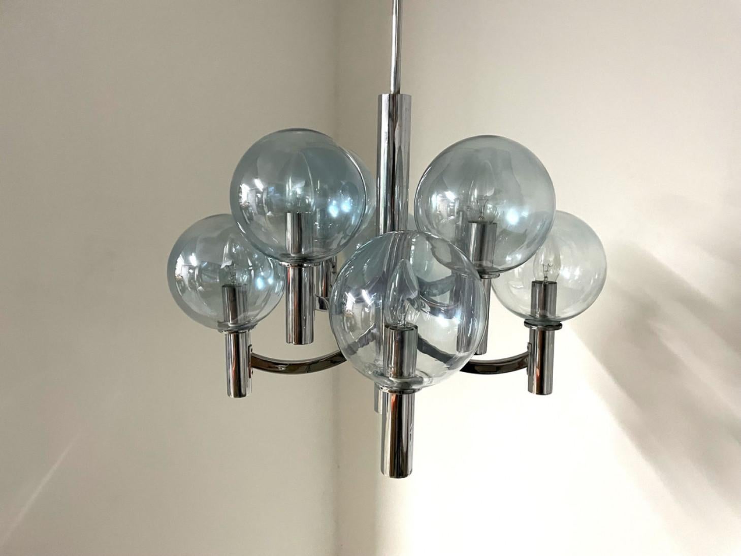 Other Chrome and Light Blue Glass Chandelier in the style of Arne Jakobsson, 1970s For Sale