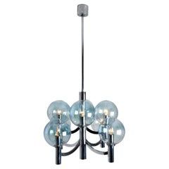 Vintage Chrome and Light Blue Glass Chandelier in the style of Arne Jakobsson, 1970s