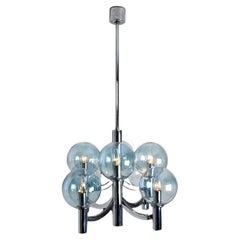 Chrome and Light Blue Glass Chandelier in the style of Arne Jakobsson, 1970s