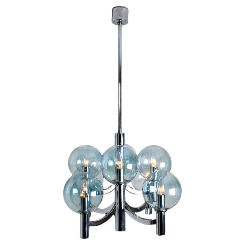 Chrome and Light Blue Glass Chandelier in the style of Arne Jakobsson, 1970s For Sale