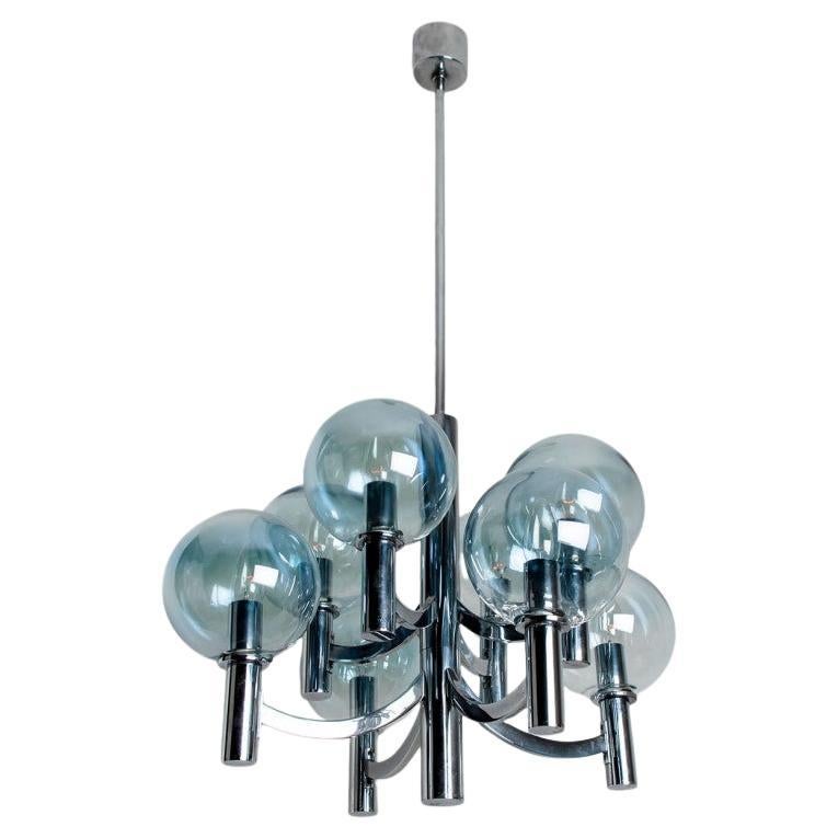 Lustre en chrome et verre bleu clair dans le style d'Arne Jakobsson, 1970