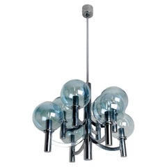 Chrome and Light Blue Glass Chandelier in the style of Arne Jakobsson, 1970s