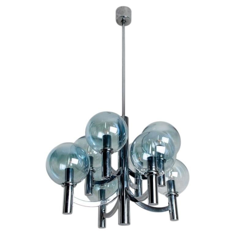 Chrome and Light Blue Glass Chandelier in the style of Arne Jakobsson, 1970s
