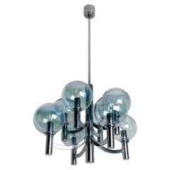Chrome and Light Blue Glass Chandelier in the style of Arne Jakobsson, 1970s