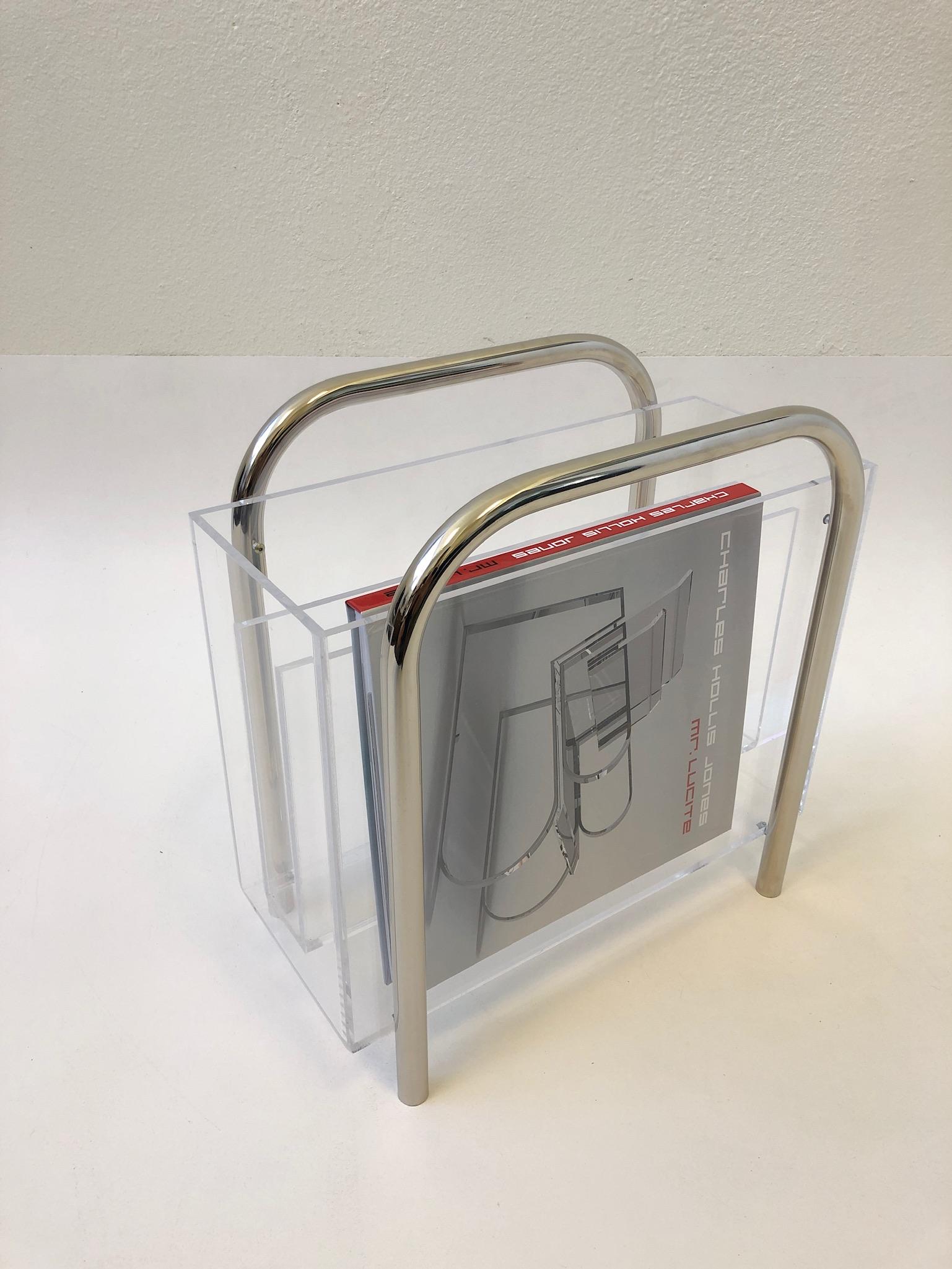 Late 20th Century Chrome and Lucite Magazine Holder by Charles Hollis Jones For Sale