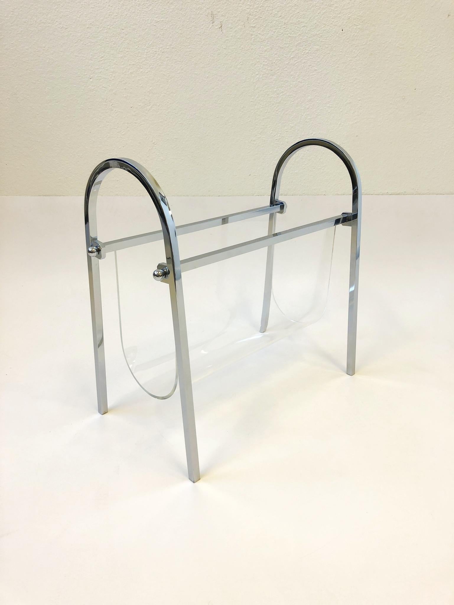 Modern Chrome and Lucite Magazine Holder by Charles Hollis Jones For Sale