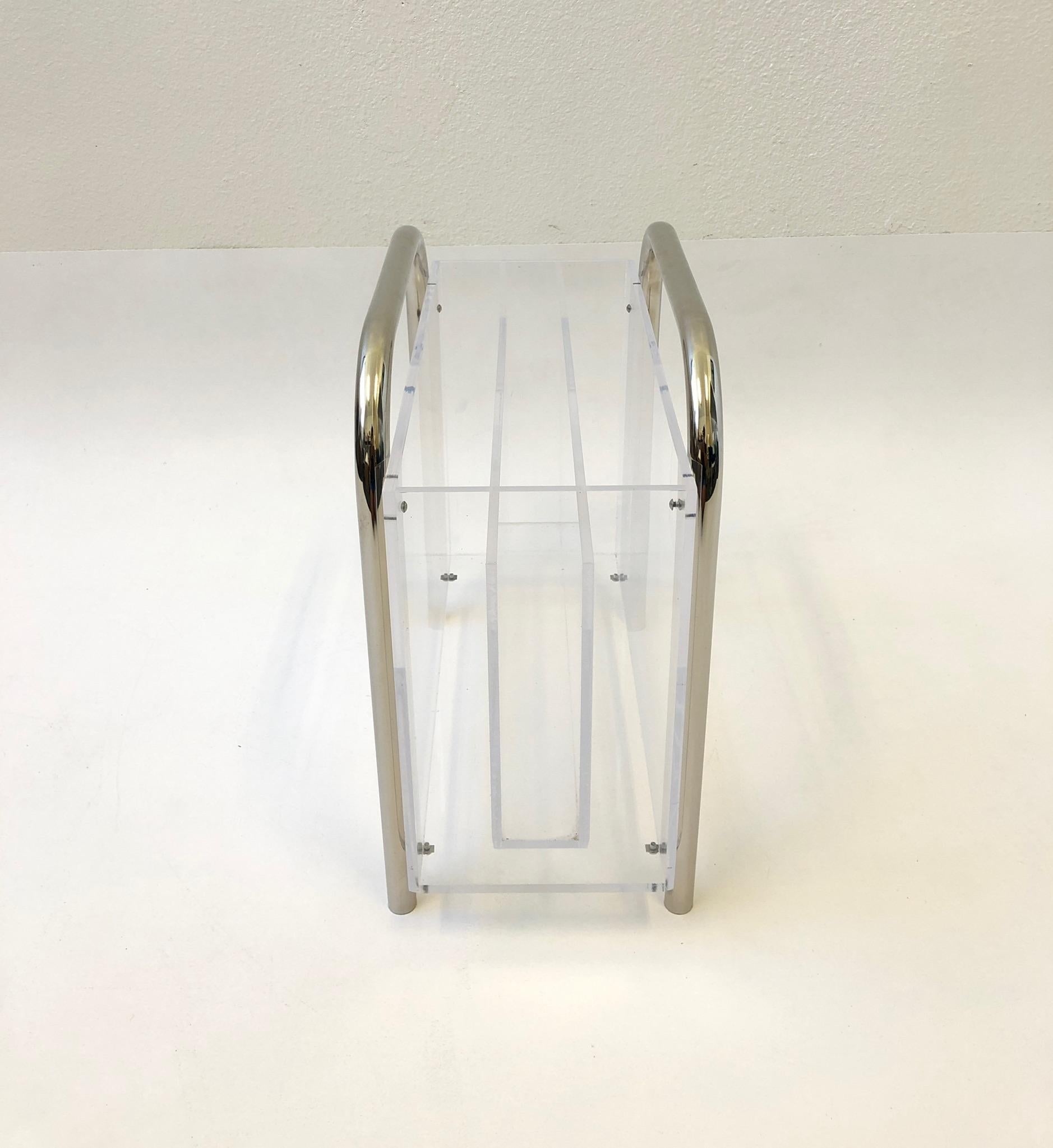 Modern Chrome and Lucite Magazine Holder by Charles Hollis Jones For Sale